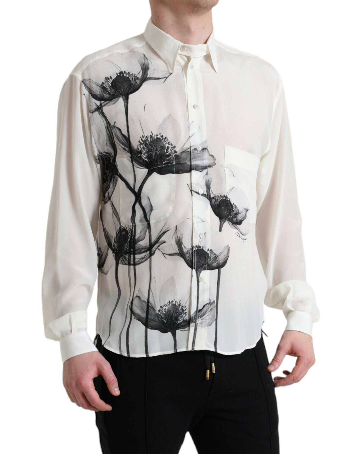 Dolce & Gabbana White Floral Collared Dress Silk Men's Shirt
