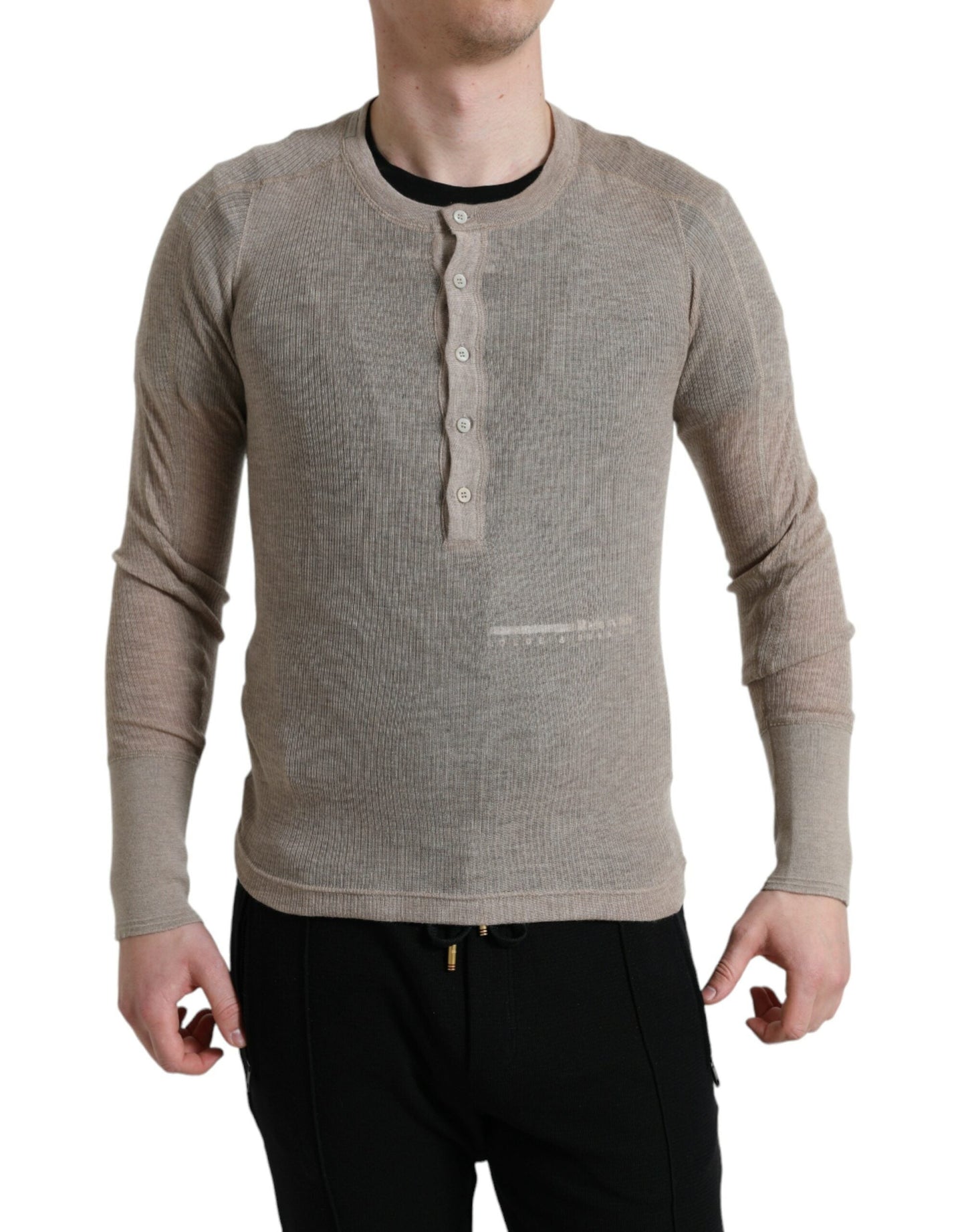 Dolce & Gabbana Henley Pullover Beige Cashmere Men's Sweater
