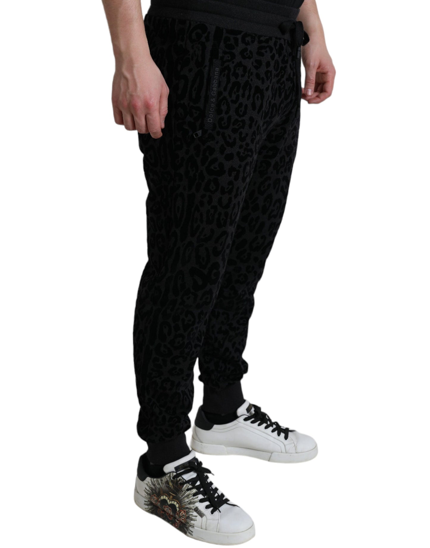 Dolce & Gabbana Black Leopard Cotton Slim Fit Jogger Men's Pants