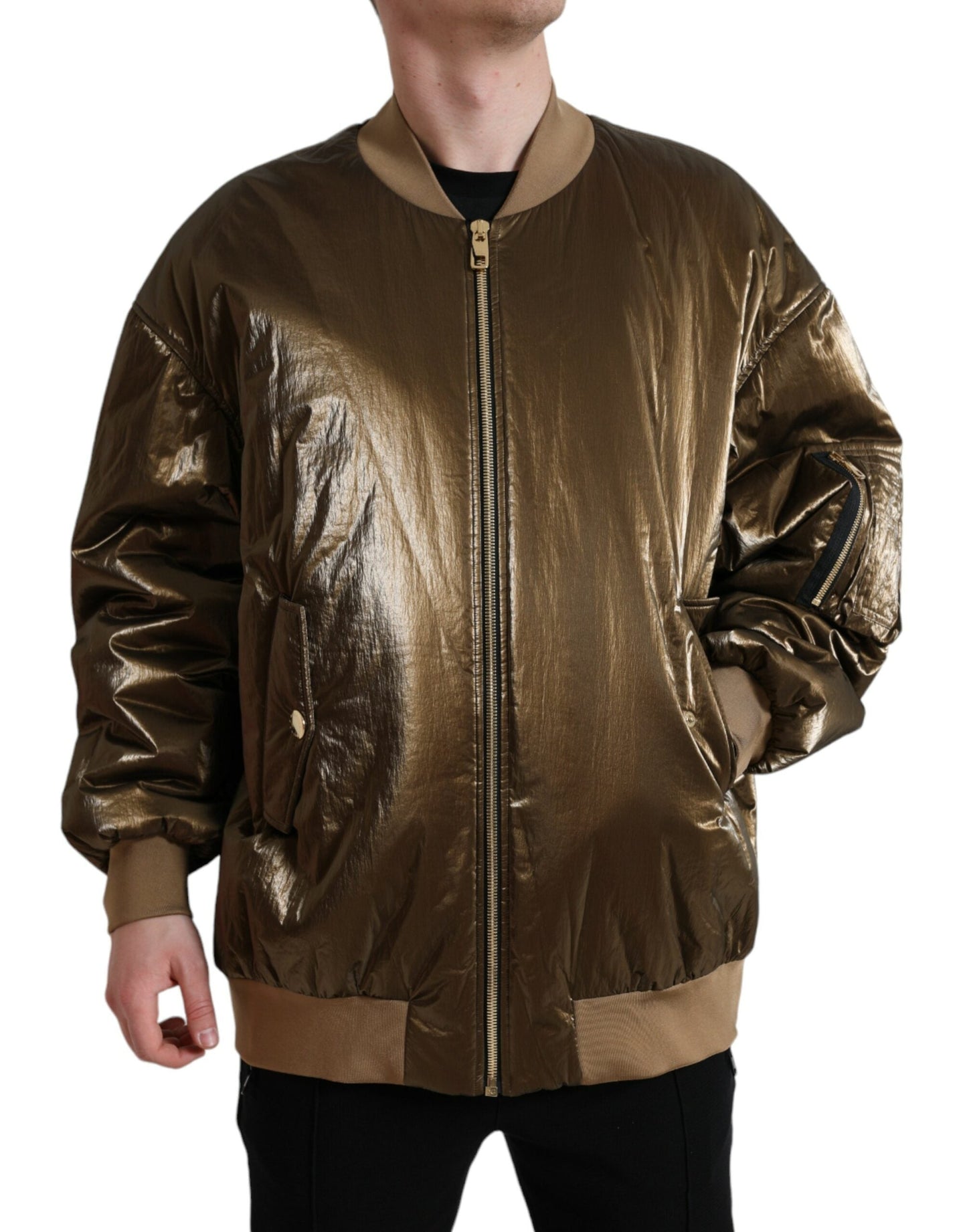 Dolce & Gabbana Bronze Nylon Full Zip Men Bomber Men's Jacket