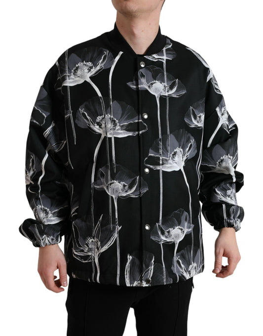 Dolce & Gabbana Black Floral Print Wool Button Down Bomber Men's Jacket