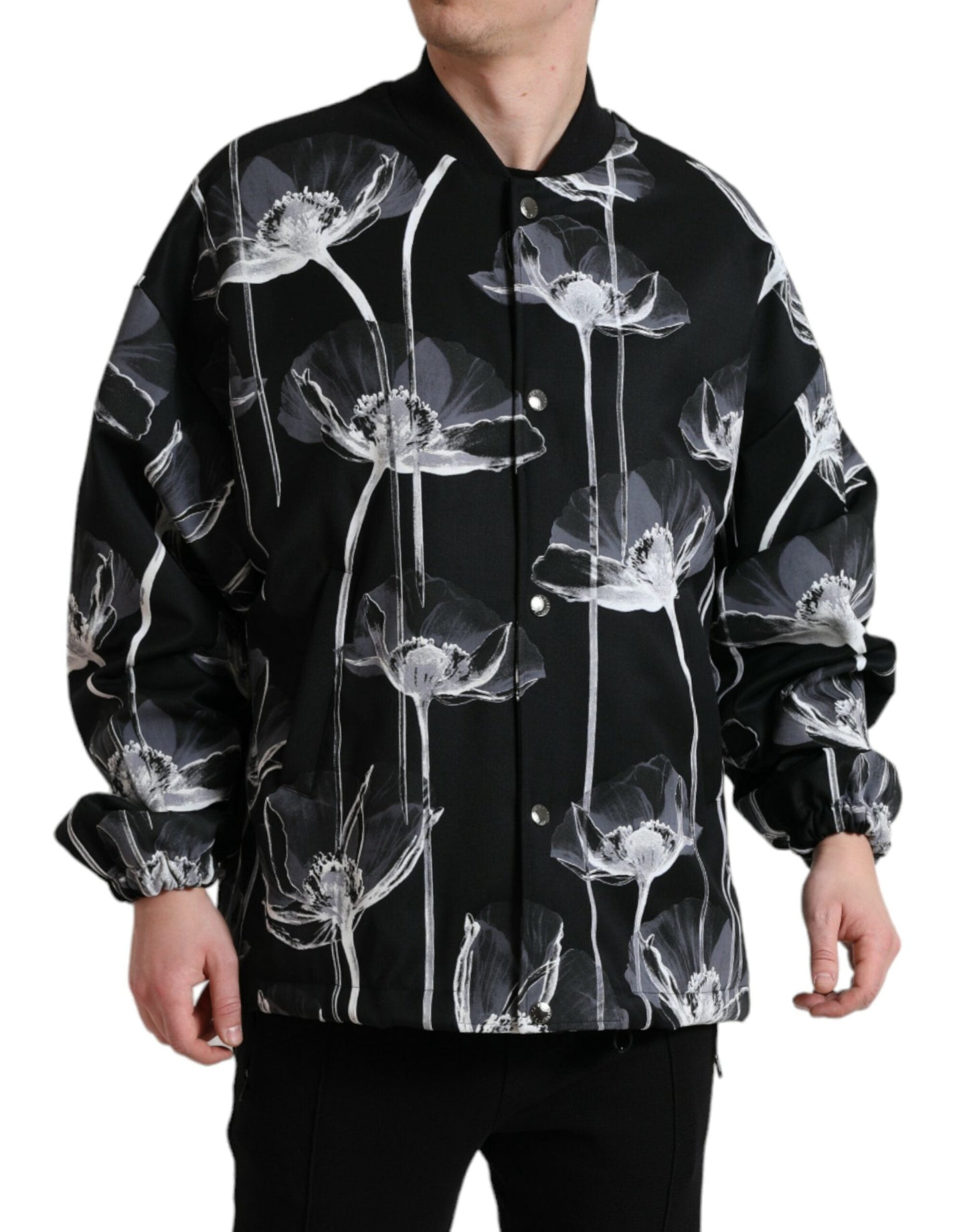 Dolce & Gabbana Black Floral Print Wool Button Down Bomber Men's Jacket