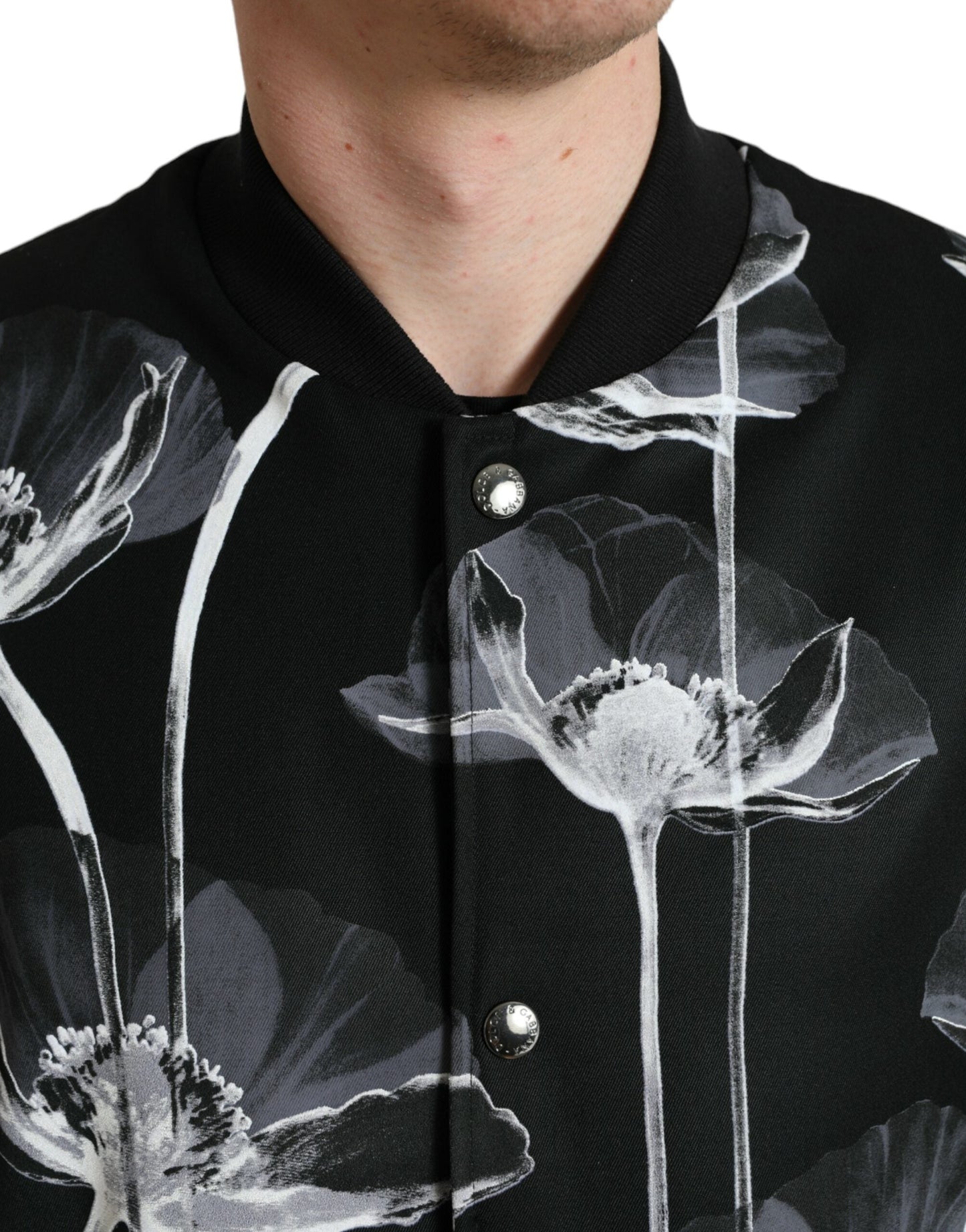 Dolce & Gabbana Black Floral Print Wool Button Down Bomber Men's Jacket