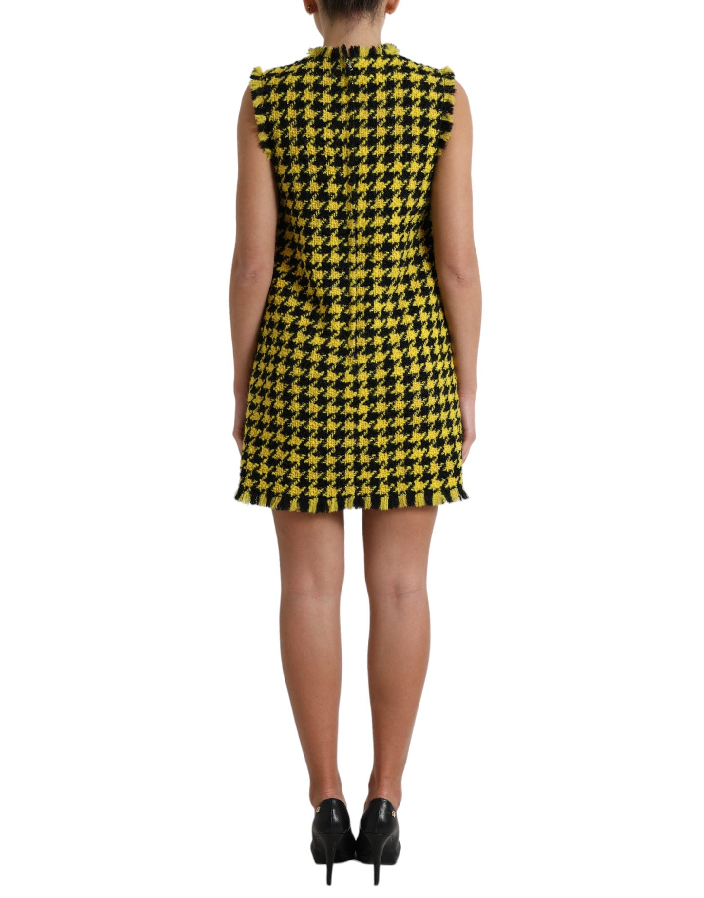 Dolce & Gabbana Yellow Houndstooth Sleeveless Aline Mini Women's Dress