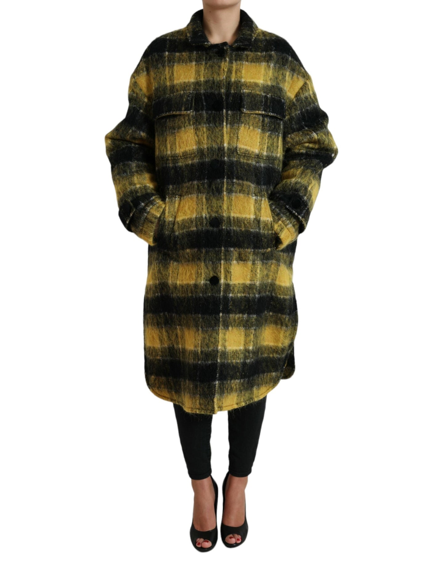 Dolce & Gabbana Yellow Plaid Long Sleeve Casual Coat Women's Jacket