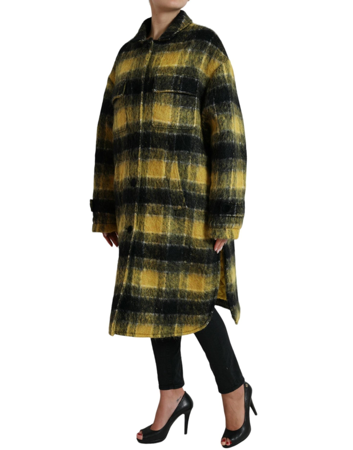 Dolce & Gabbana Yellow Plaid Long Sleeve Casual Coat Women's Jacket