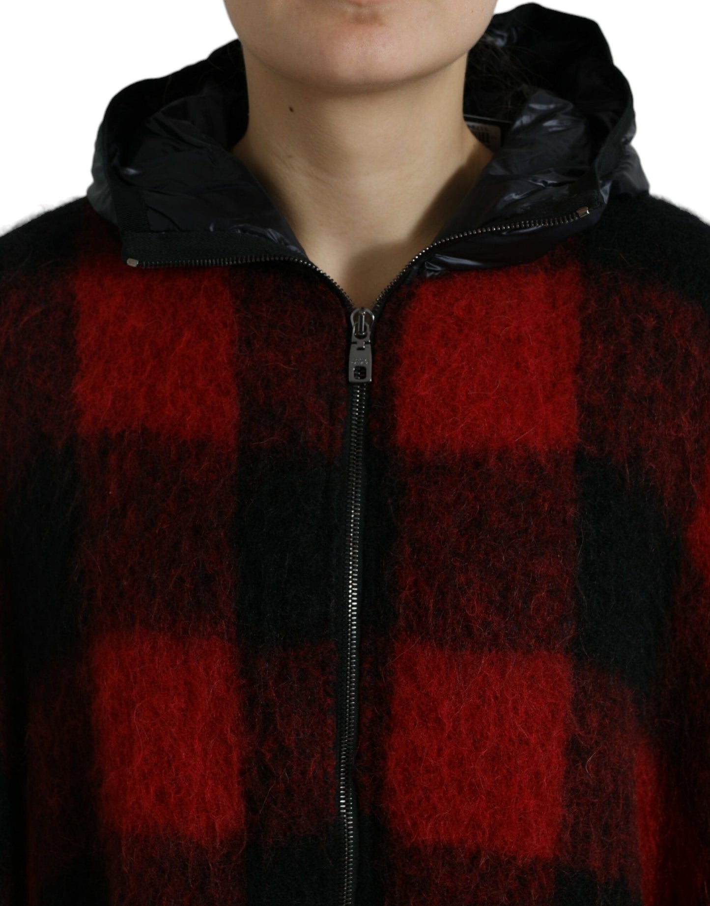 Dolce & Gabbana Black Red Buffalo Check Hooded Poncho Women's Jacket