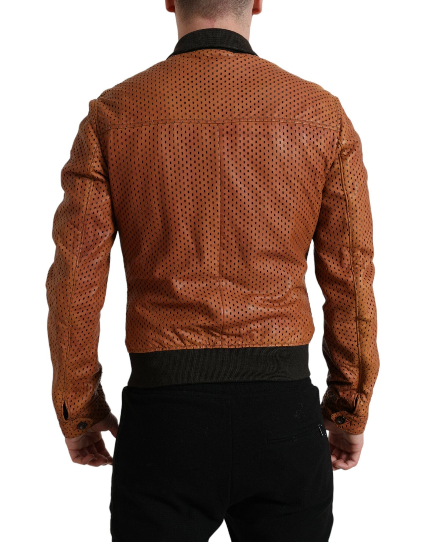 Dolce & Gabbana Brown Lambskin Leather Perforated Men's Jacket