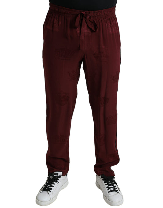 Dolce & Gabbana Maroon Crown Pattern Silk Pajama Men's Pants