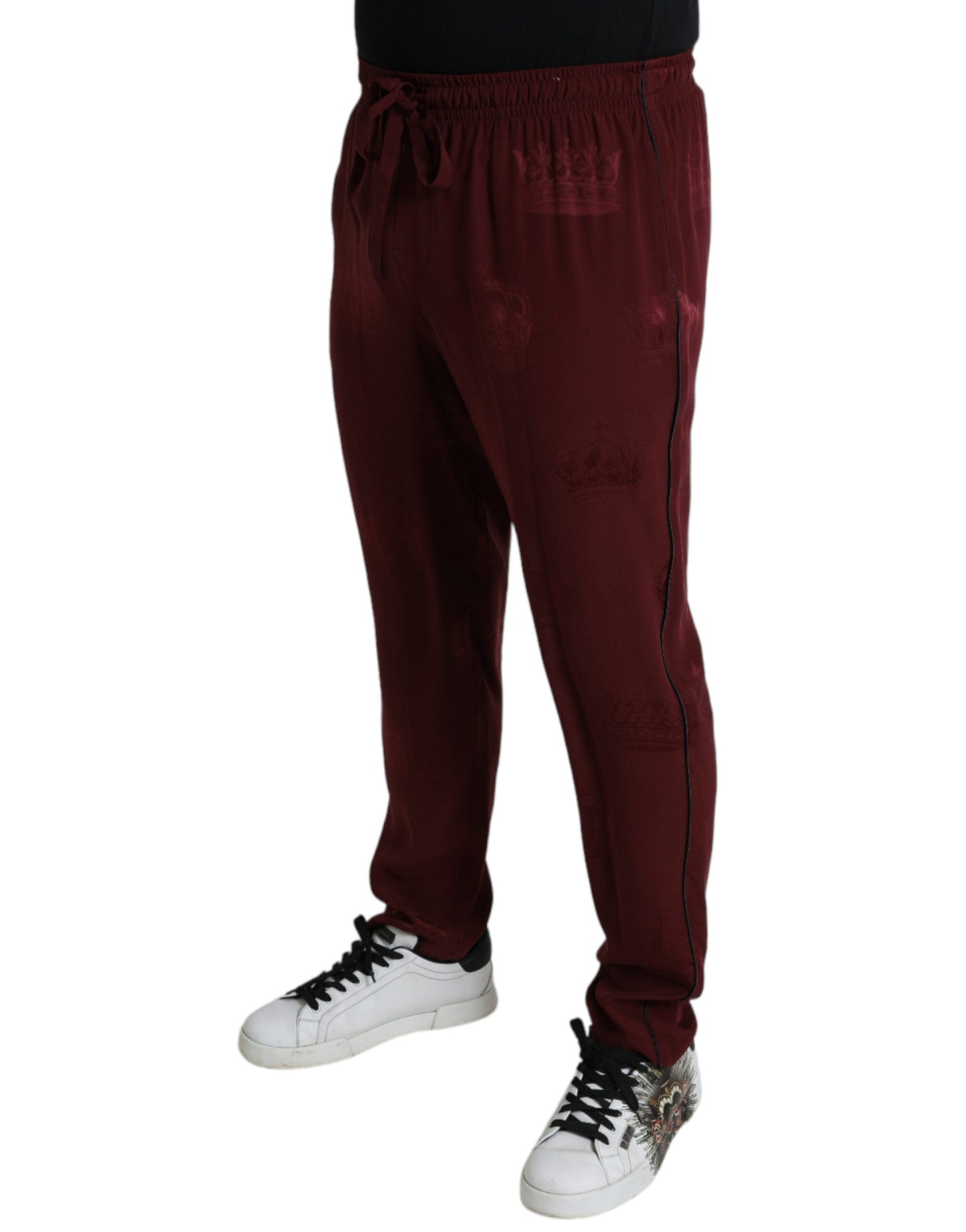 Dolce & Gabbana Maroon Crown Pattern Silk Pajama Men's Pants