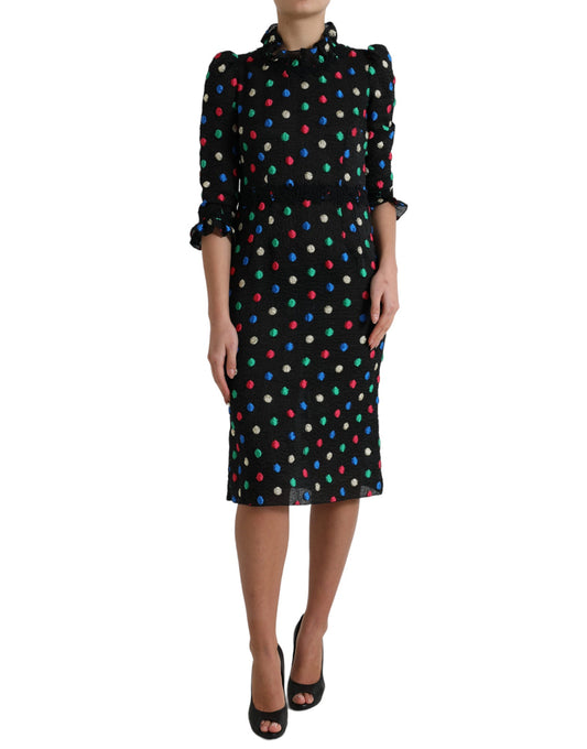 Dolce & Gabbana Black Polka Dot Ruffle Cotton Midi Women's Dress