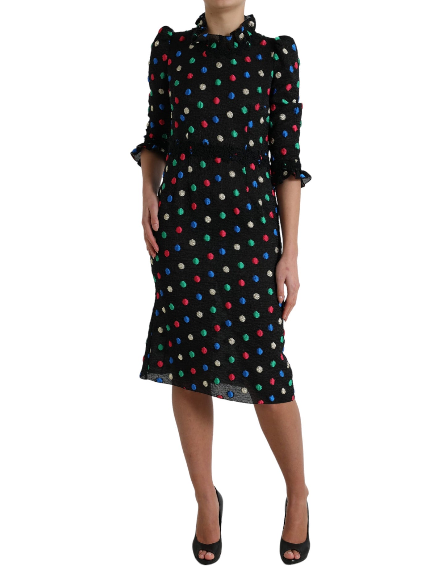 Dolce & Gabbana Black Polka Dot Ruffle Cotton Midi Women's Dress