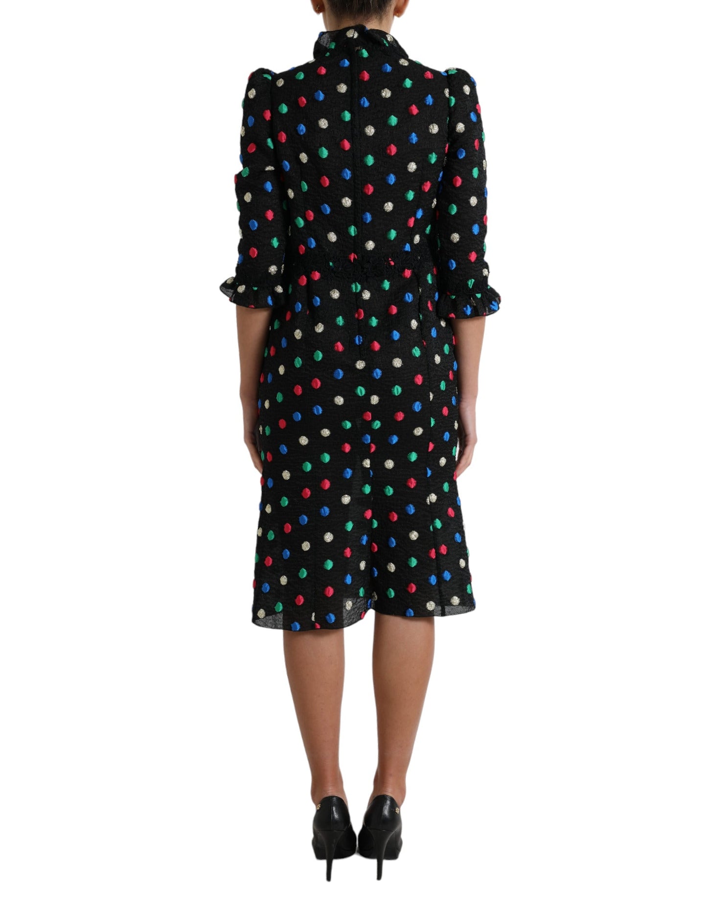 Dolce & Gabbana Black Polka Dot Ruffle Cotton Midi Women's Dress