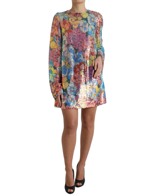 Dolce & Gabbana Multicolor Floral Sequined Shift Mini Women's Dress