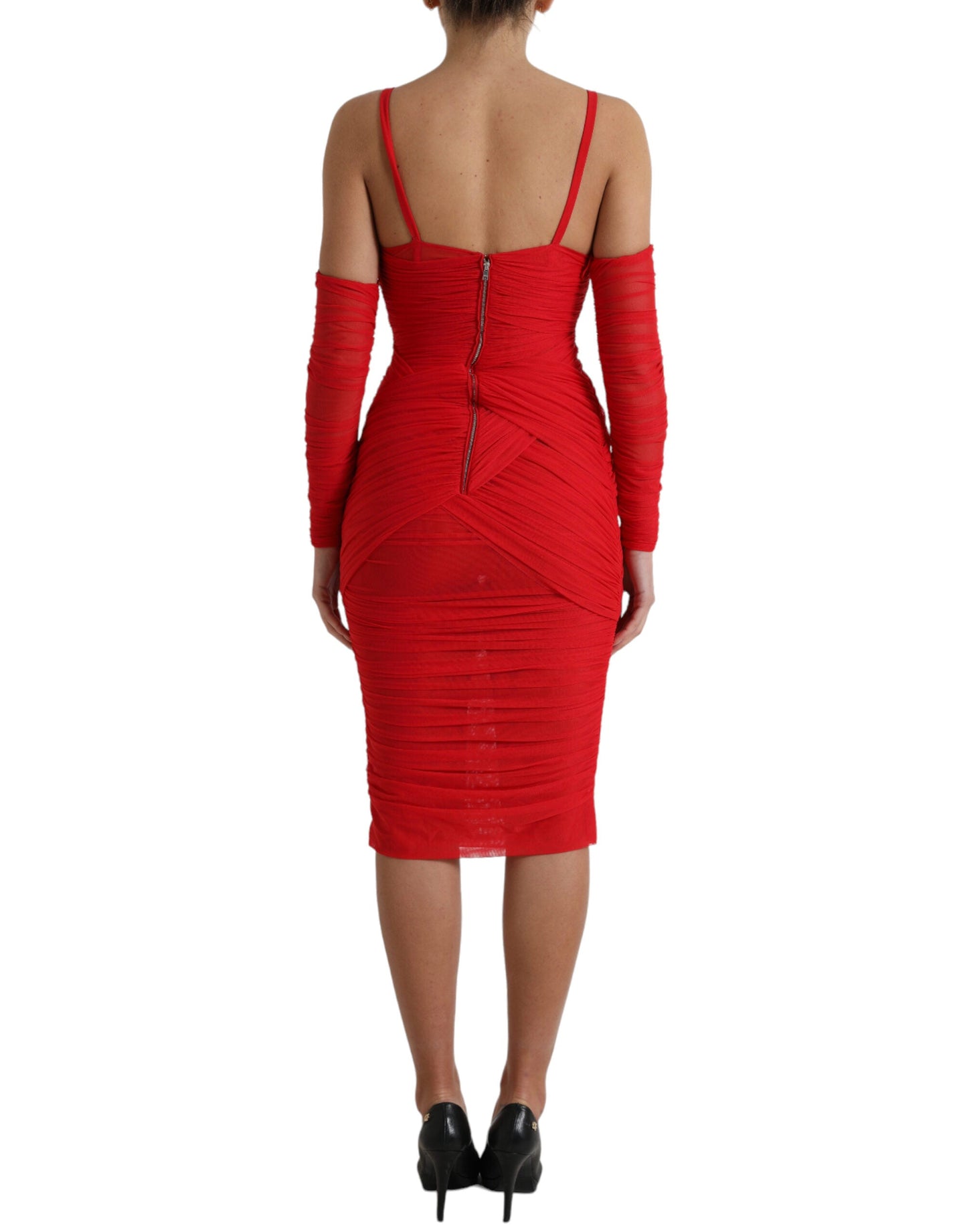 Dolce & Gabbana Red Nylon Stretch Cut Out Midi Women's Dress