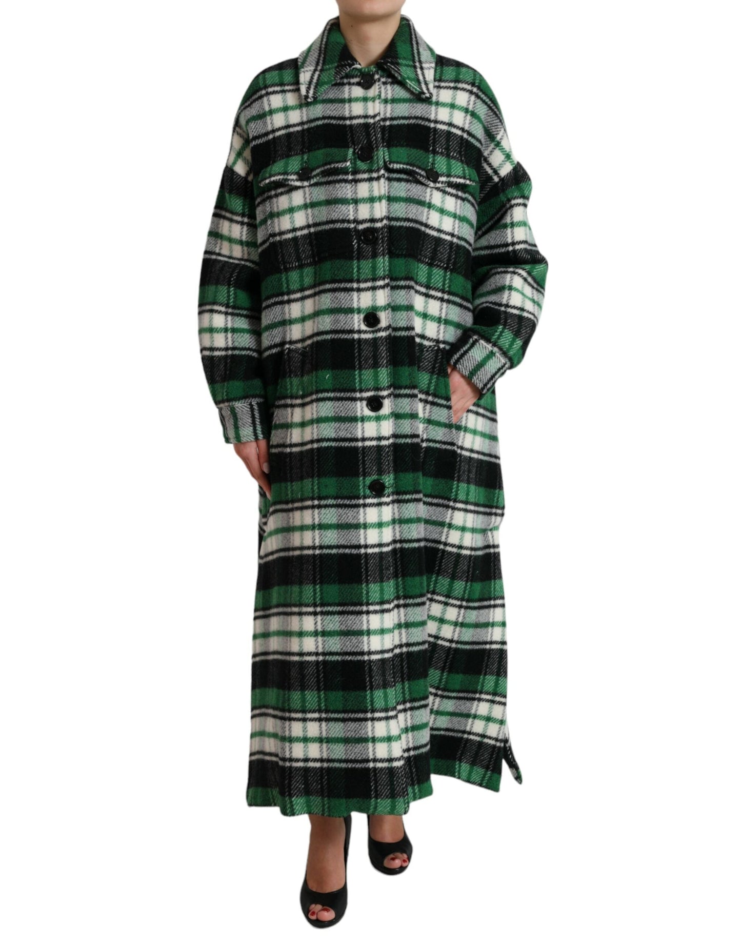 Dolce & Gabbana Green Plaid Long Sleeve Casual Coat Women's Jacket