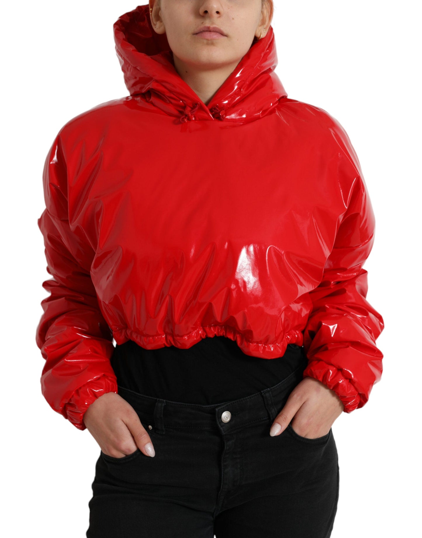 Dolce & Gabbana Shiny Red Hooded Cropped Short Coat Women's Jacket