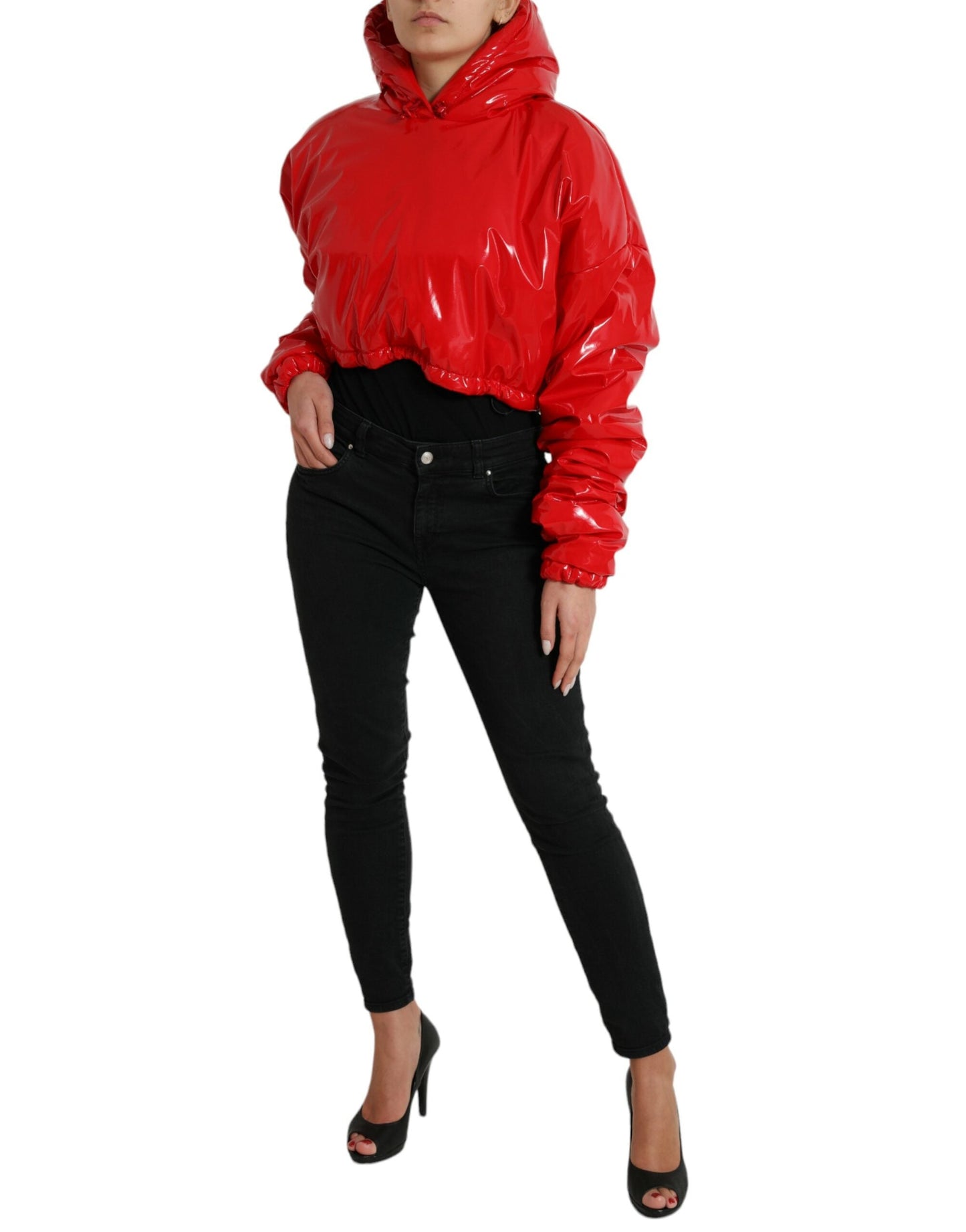 Dolce & Gabbana Shiny Red Hooded Cropped Short Coat Women's Jacket