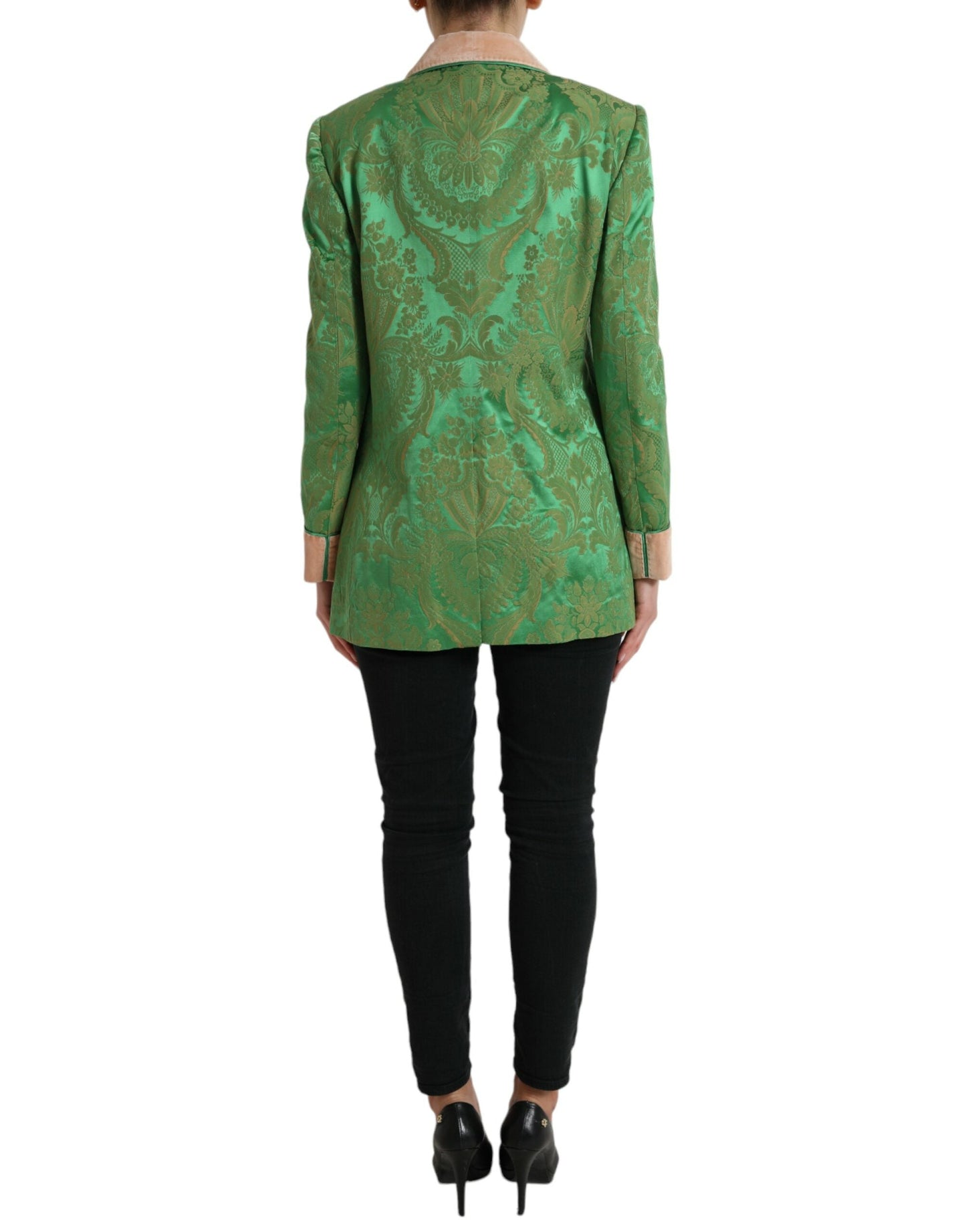 Dolce & Gabbana Green Floral Double Breasted Coat Women's Jacket