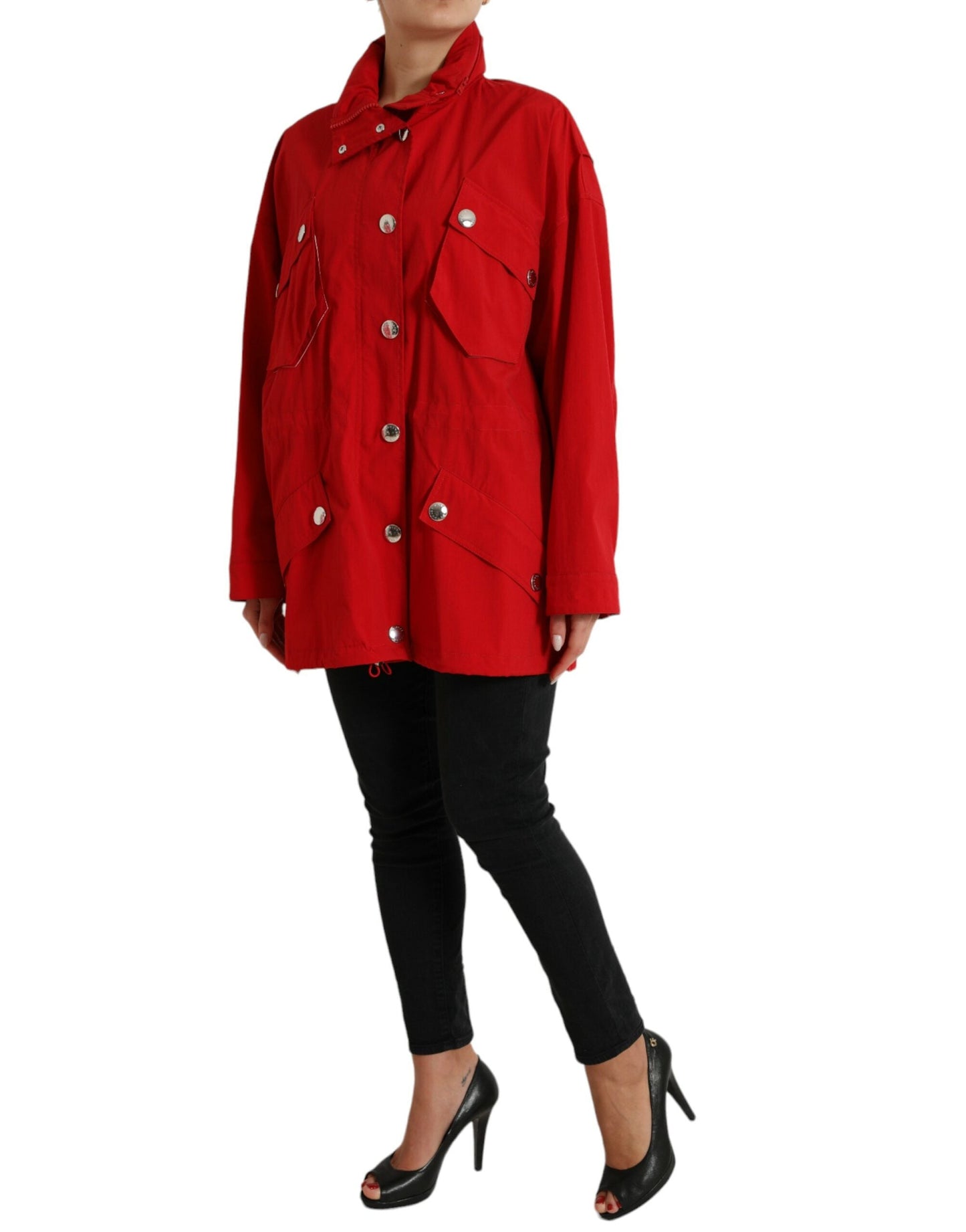 Dolce & Gabbana Red Polyester Hooded Button Rain Coat Women's Jacket