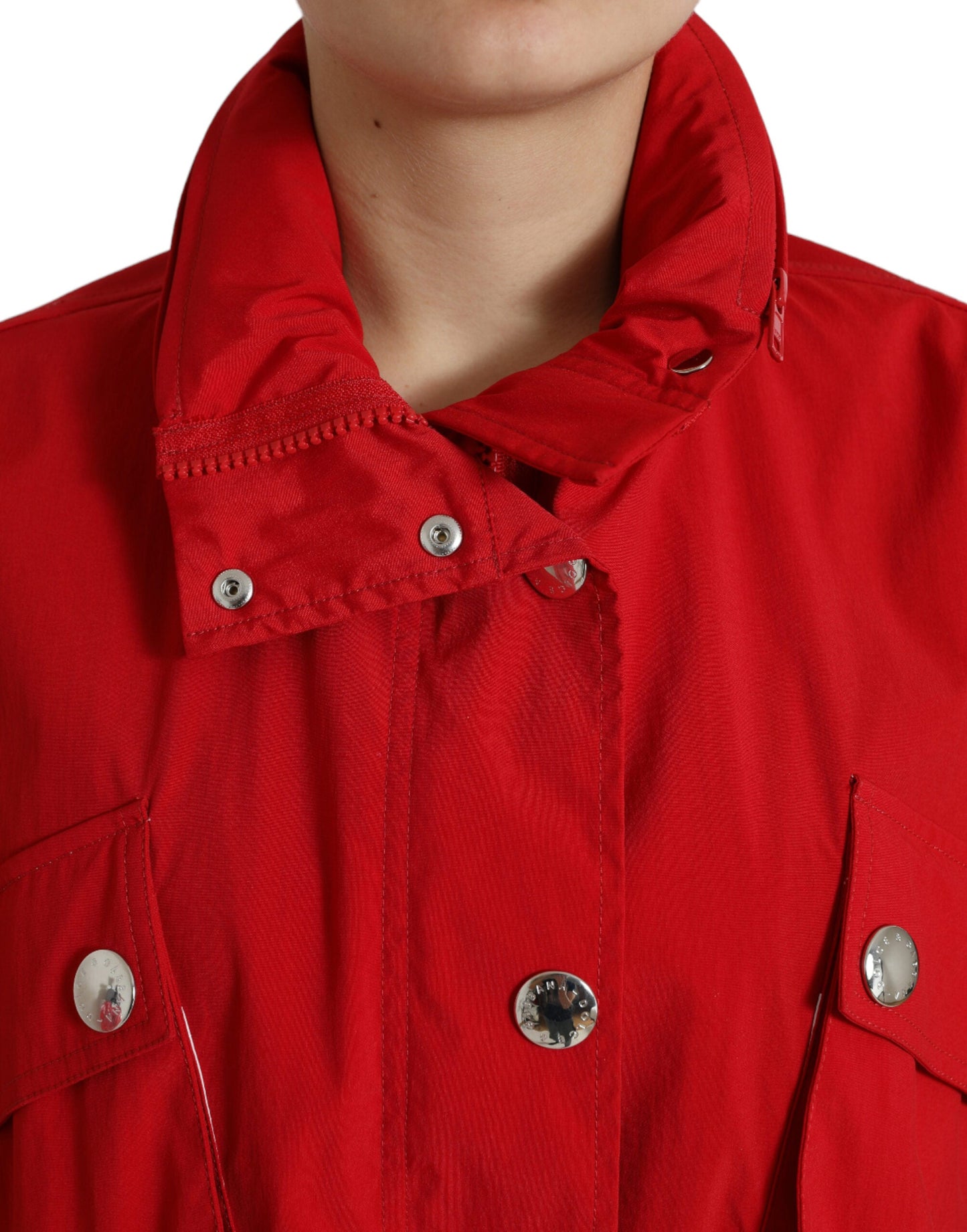 Dolce & Gabbana Red Polyester Hooded Button Rain Coat Women's Jacket