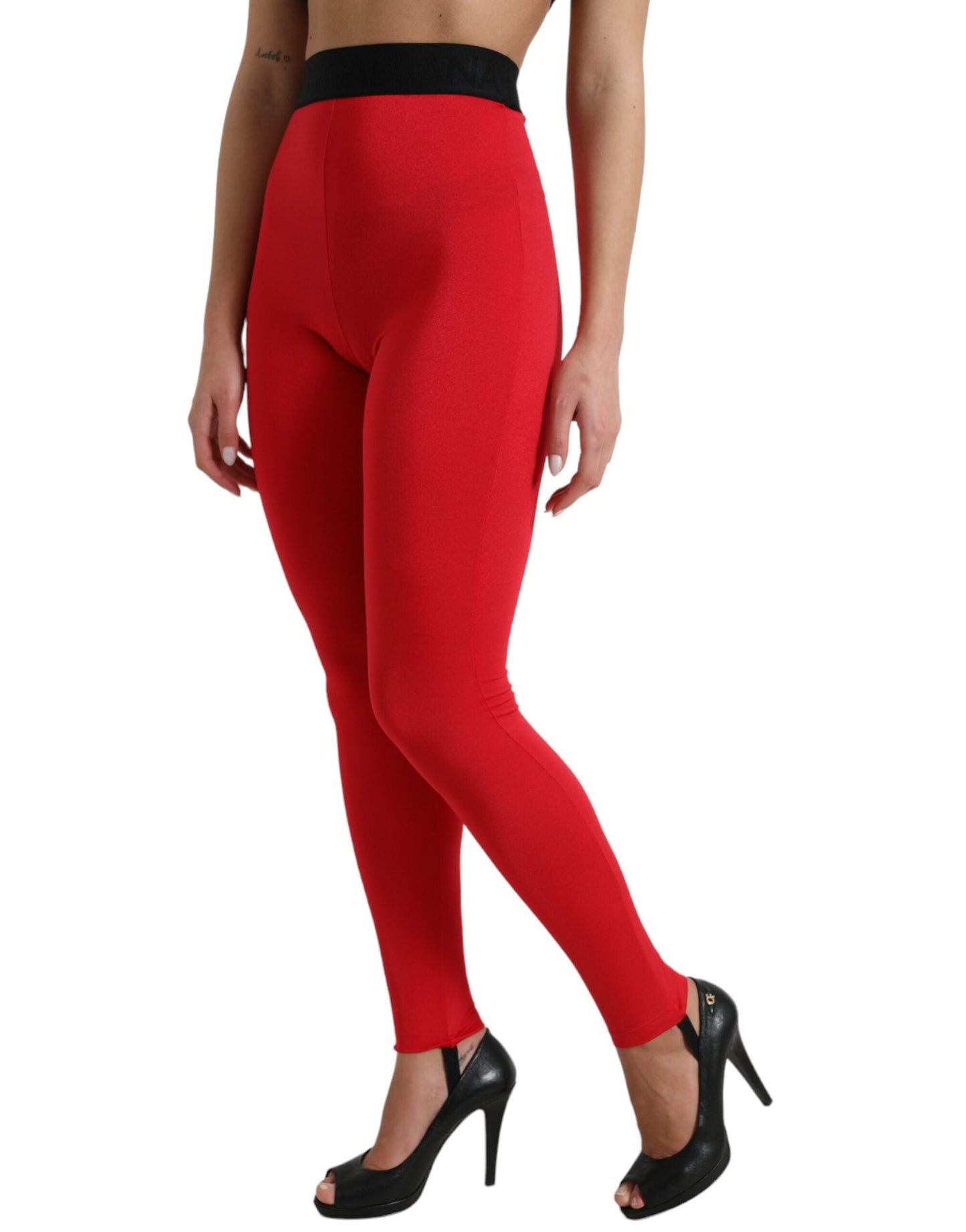 Dolce & Gabbana Red Nylon DG Logo Slim Leggings Women's Pants