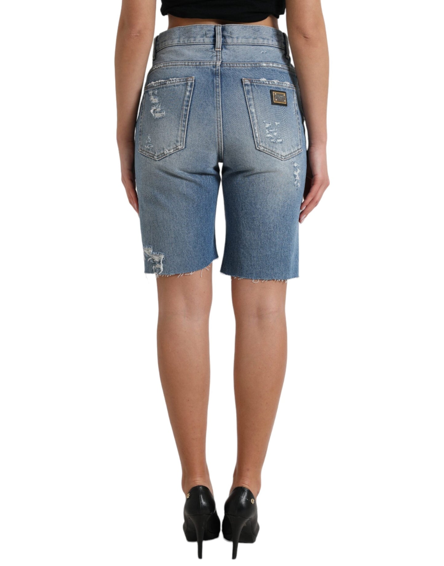 Dolce & Gabbana Blue Tattered Embellished Bermuda Women's Shorts