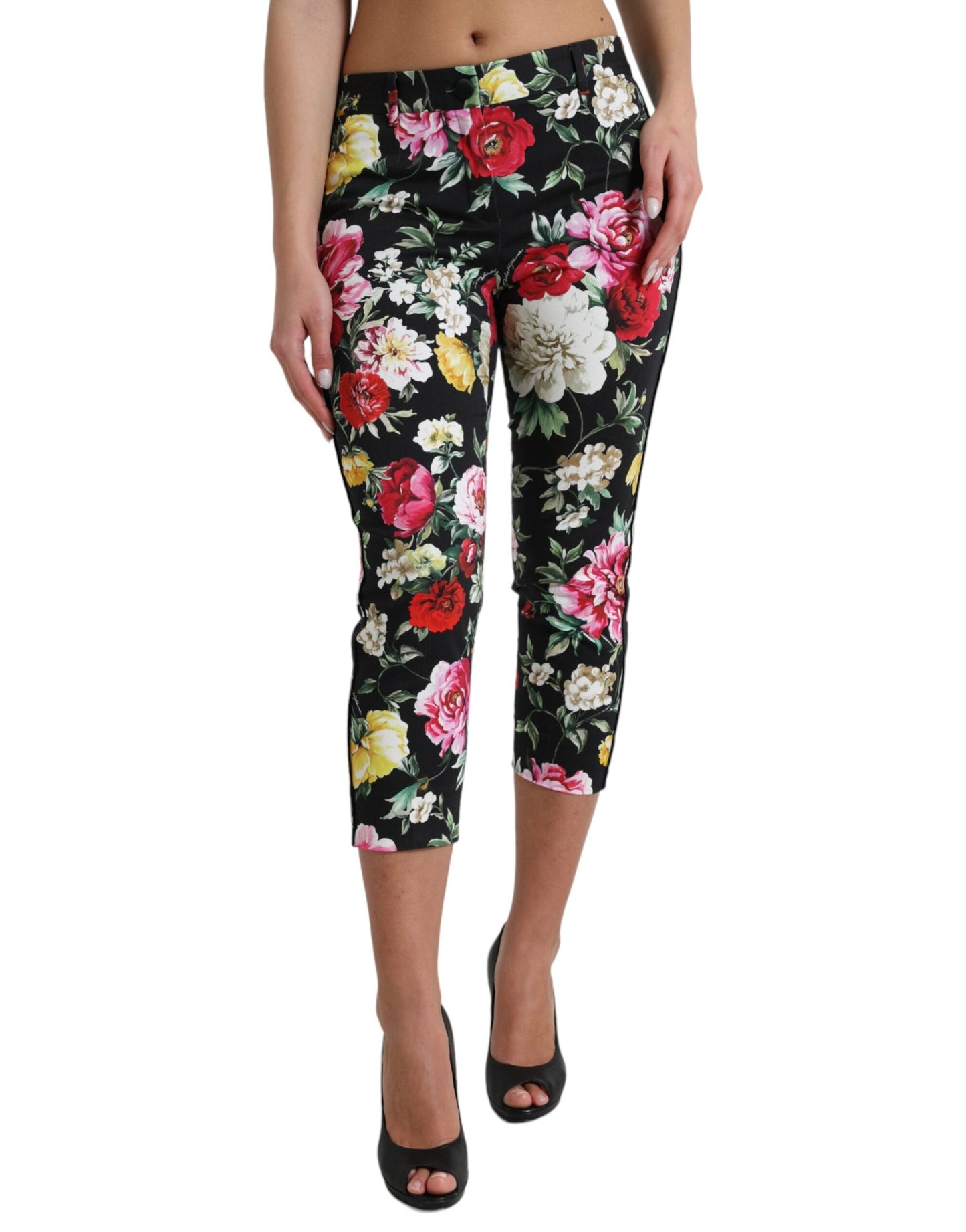 Dolce & Gabbana Black Floral Print Mid Waist Cropped Women's Pants