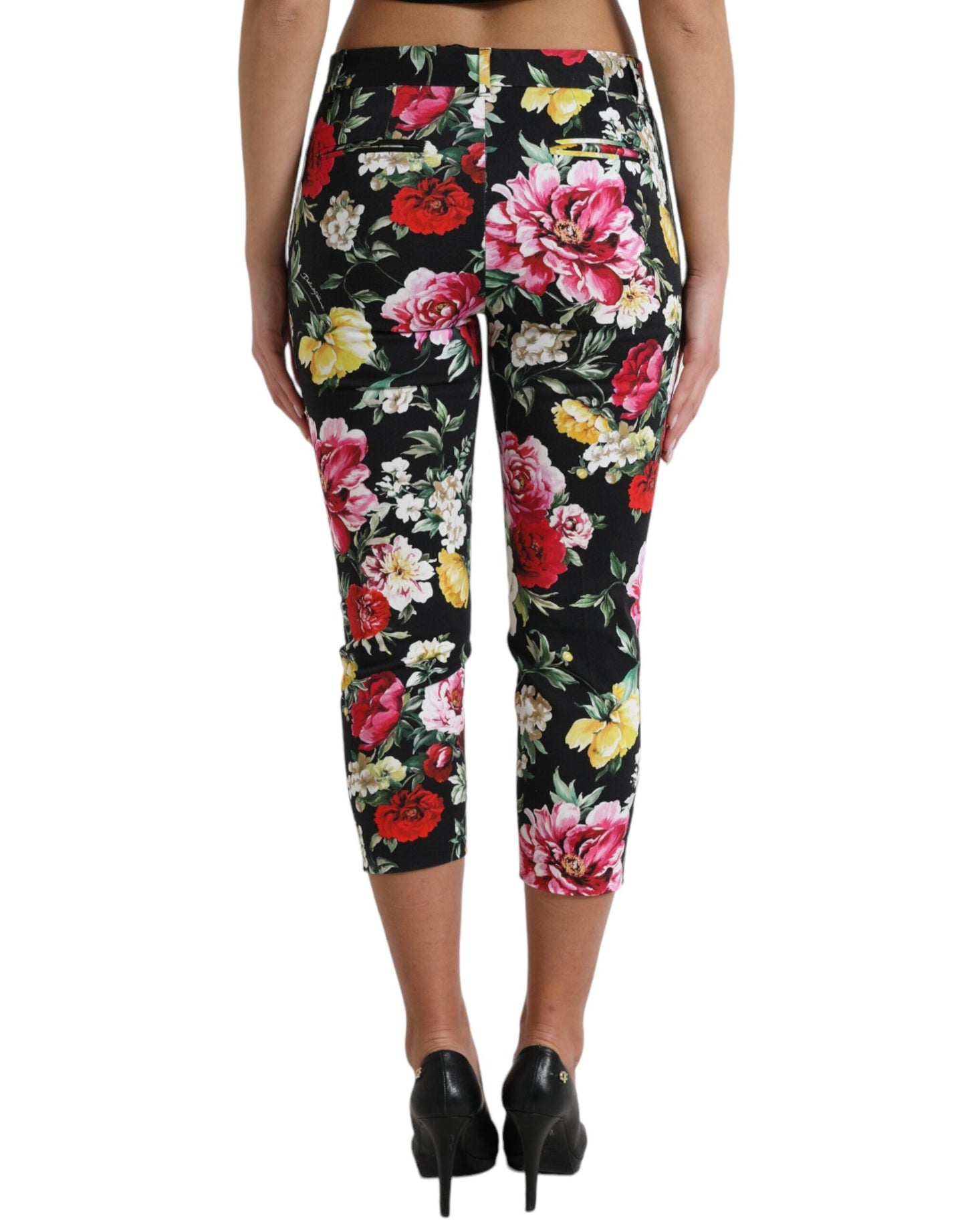 Dolce & Gabbana Black Floral Print Mid Waist Cropped Women's Pants