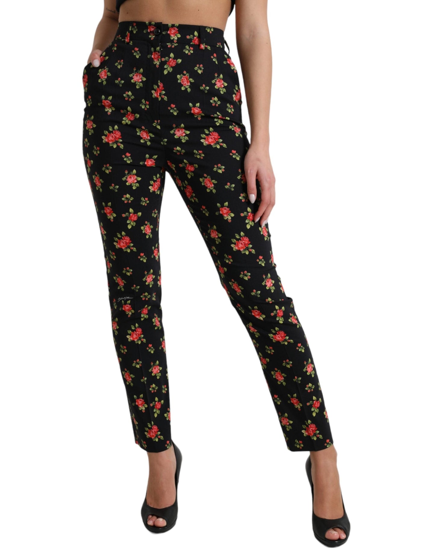 Dolce & Gabbana Black Floral Wool High Waist Tapered Women's Pants