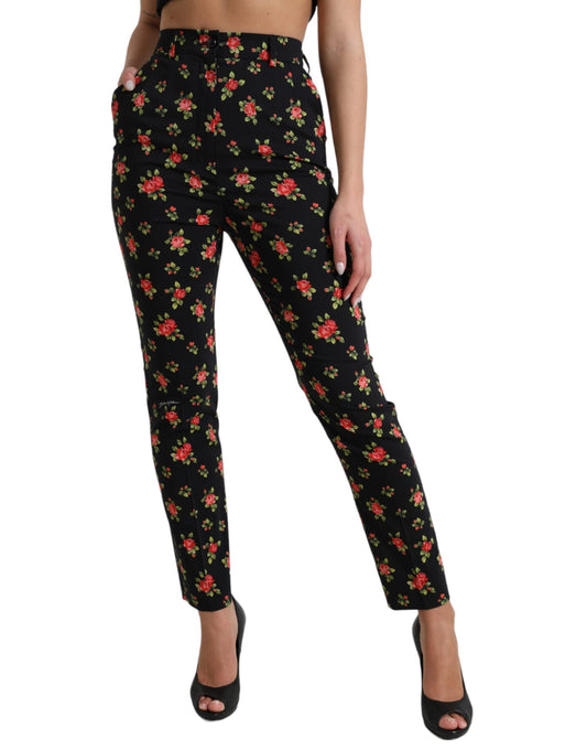 Dolce & Gabbana Black Floral Wool High Waist Tapered Women's Pants