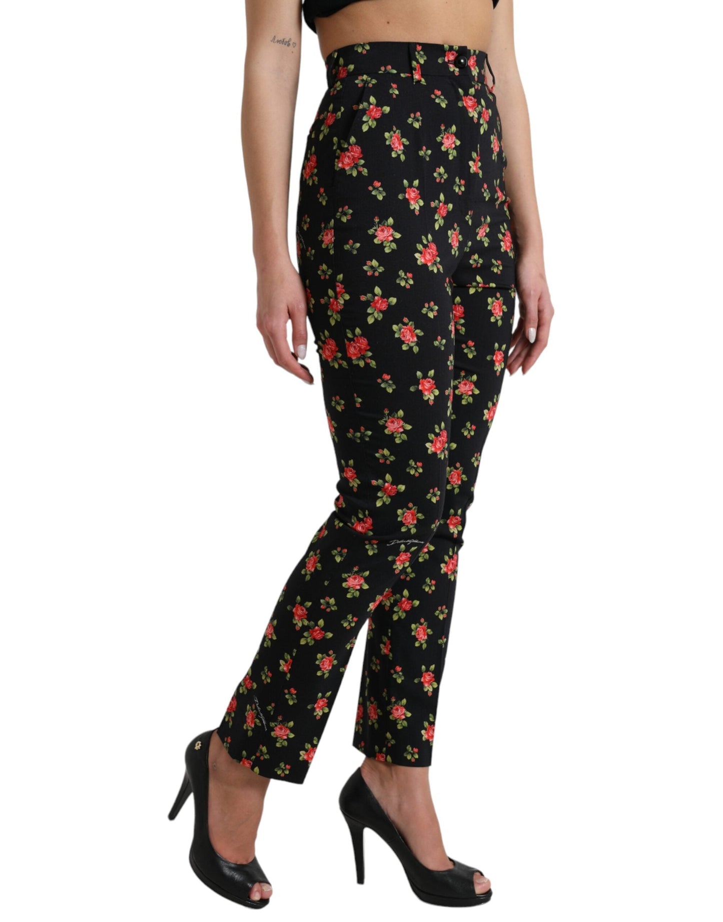 Dolce & Gabbana Black Floral Wool High Waist Tapered Women's Pants