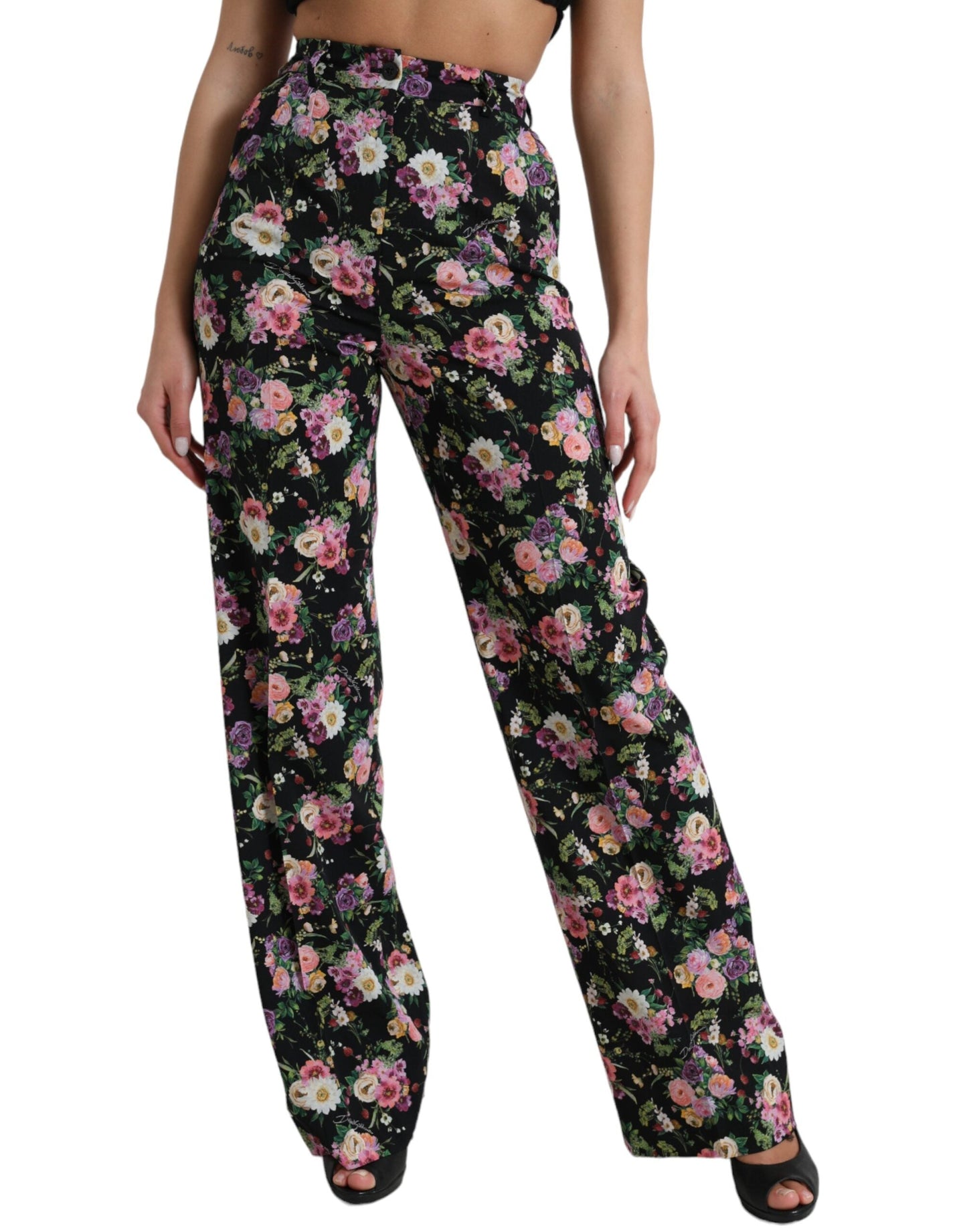 Dolce & Gabbana Black Floral Wool High Waist Wide Leg Women's Pants