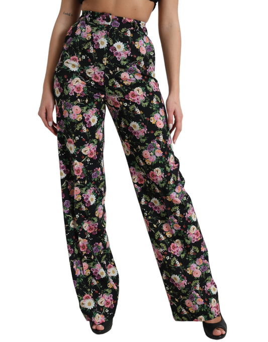 Dolce & Gabbana Black Floral Wool High Waist Wide Leg Women's Pants