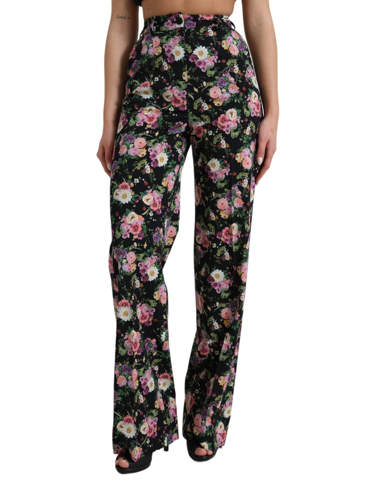 Dolce & Gabbana Black Floral Wool High Waist Wide Leg Women's Pants