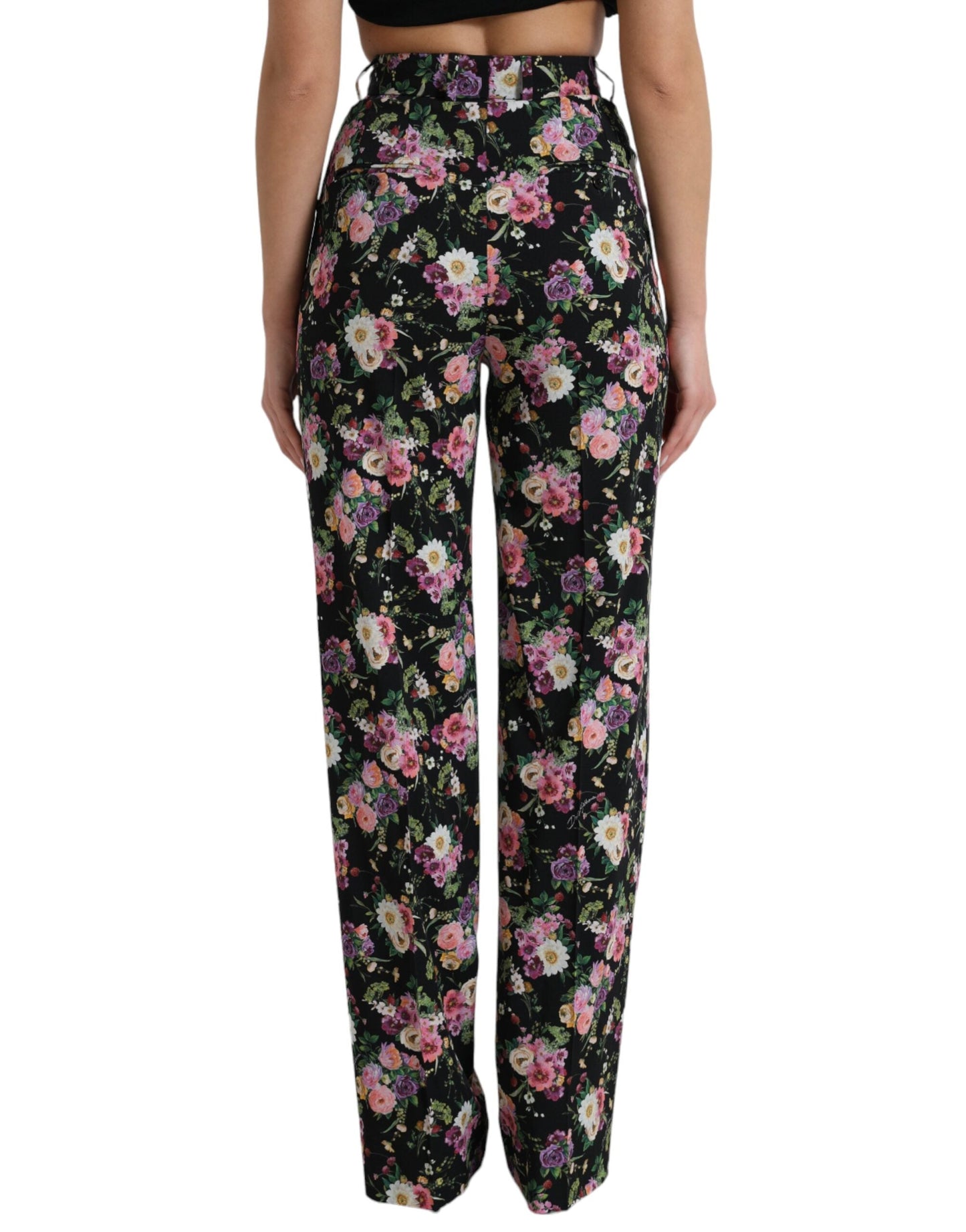 Dolce & Gabbana Black Floral Wool High Waist Wide Leg Women's Pants