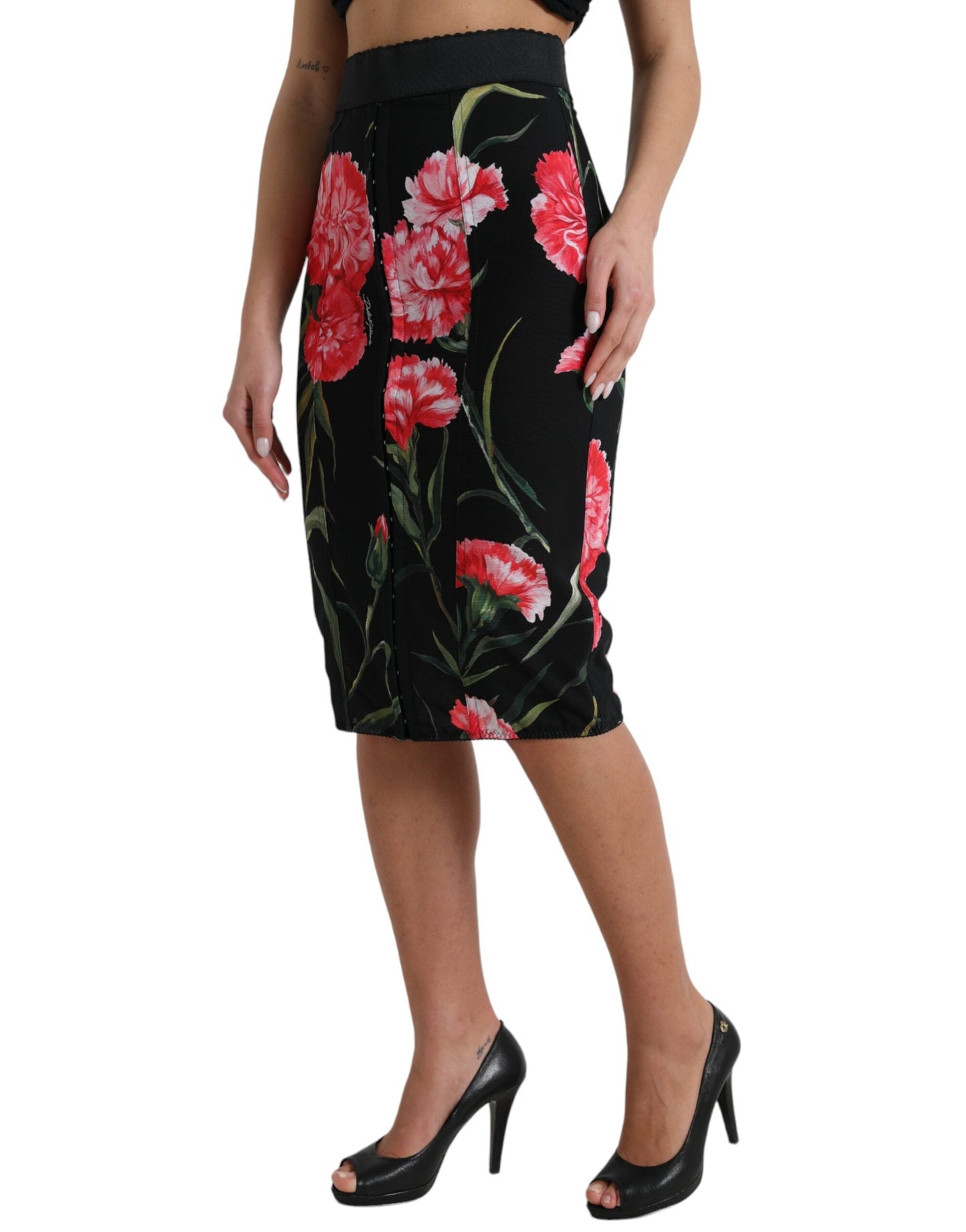 Dolce & Gabbana Black Carnation Pencil Cut Knee Length Women's Skirt