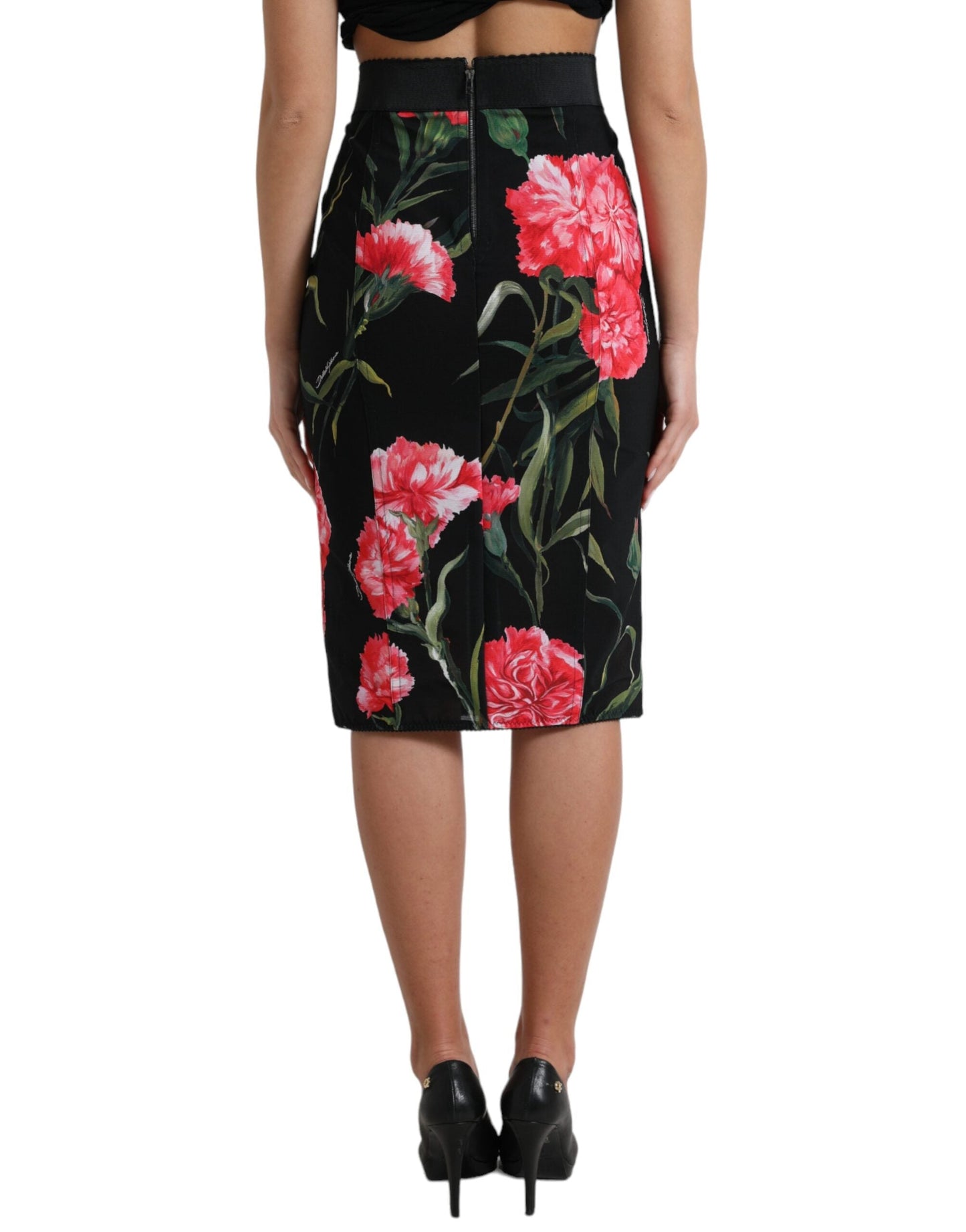Dolce & Gabbana Black Carnation Pencil Cut Knee Length Women's Skirt