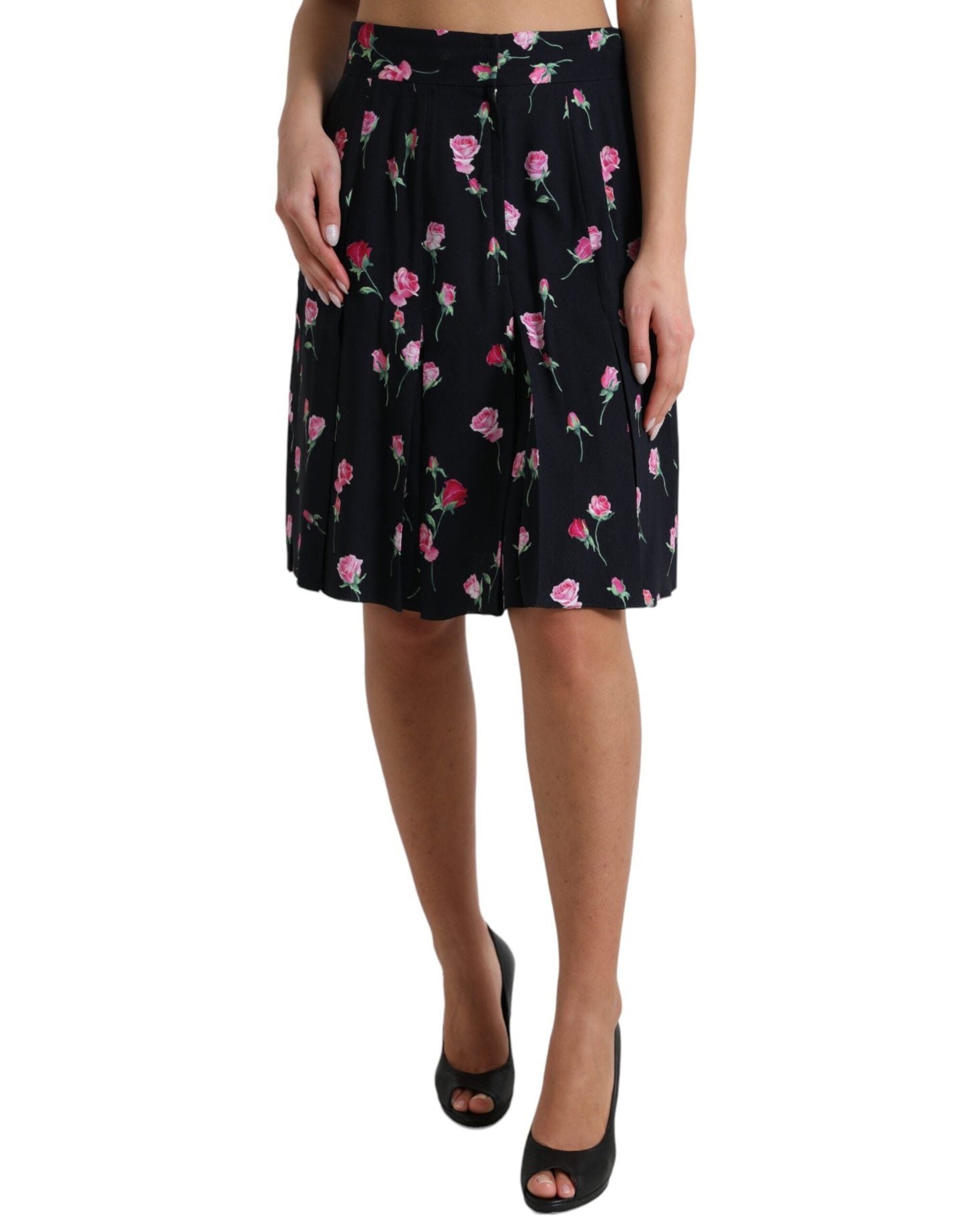 Dolce & Gabbana Black Rose High Waist A-line Knee Length Women's Skirt
