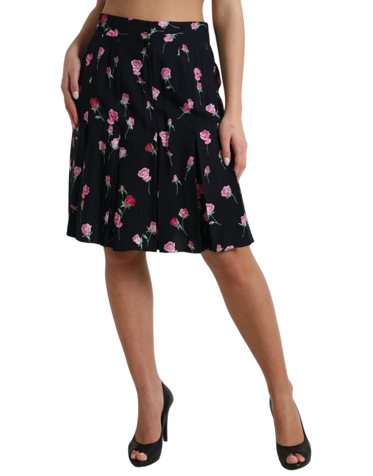 Dolce & Gabbana Black Rose High Waist A-line Knee Length Women's Skirt