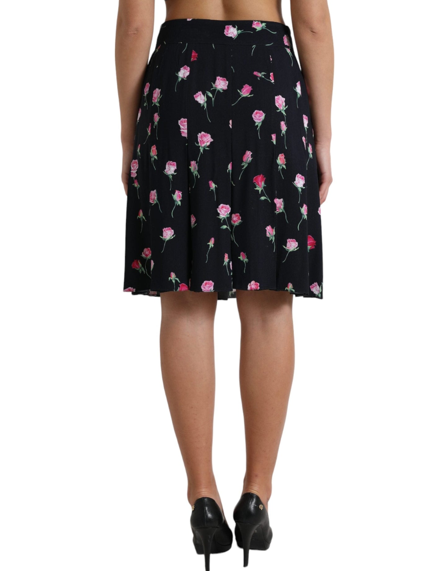 Dolce & Gabbana Black Rose High Waist A-line Knee Length Women's Skirt