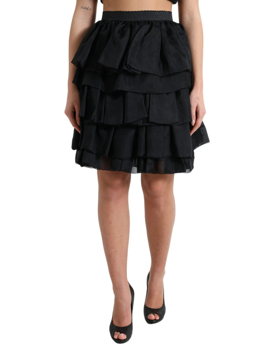 Dolce & Gabbana Black Tiered Aline High Waist Silk Mini Women's Skirt