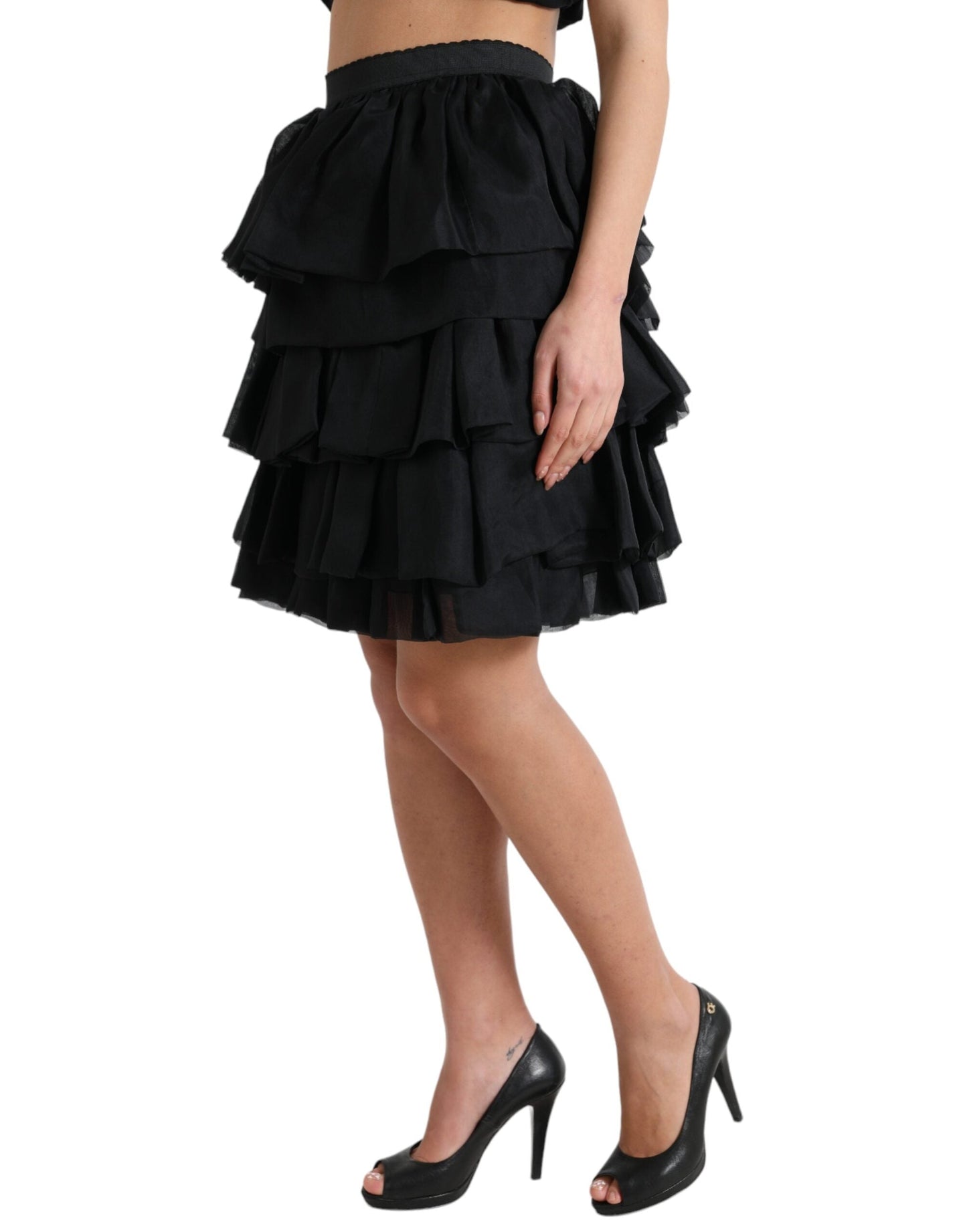 Dolce & Gabbana Black Tiered Aline High Waist Silk Mini Women's Skirt