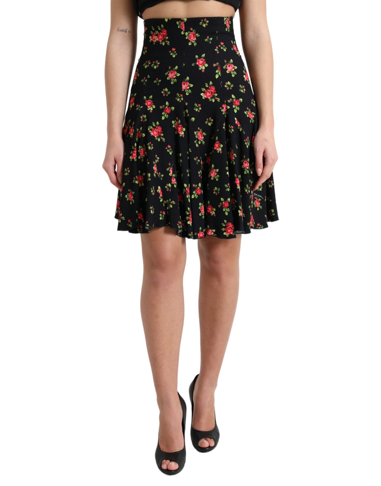 Dolce & Gabbana Black Rose Print High Waist A-line Mini Women's Skirt