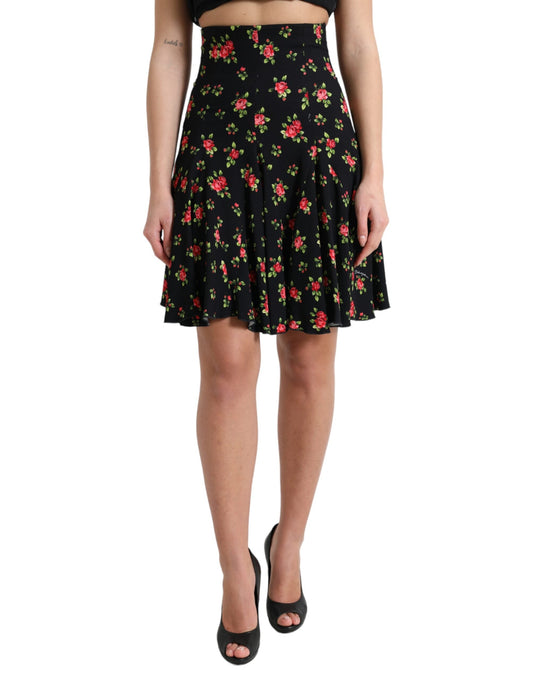 Dolce & Gabbana Black Rose Print High Waist A-line Mini Women's Skirt