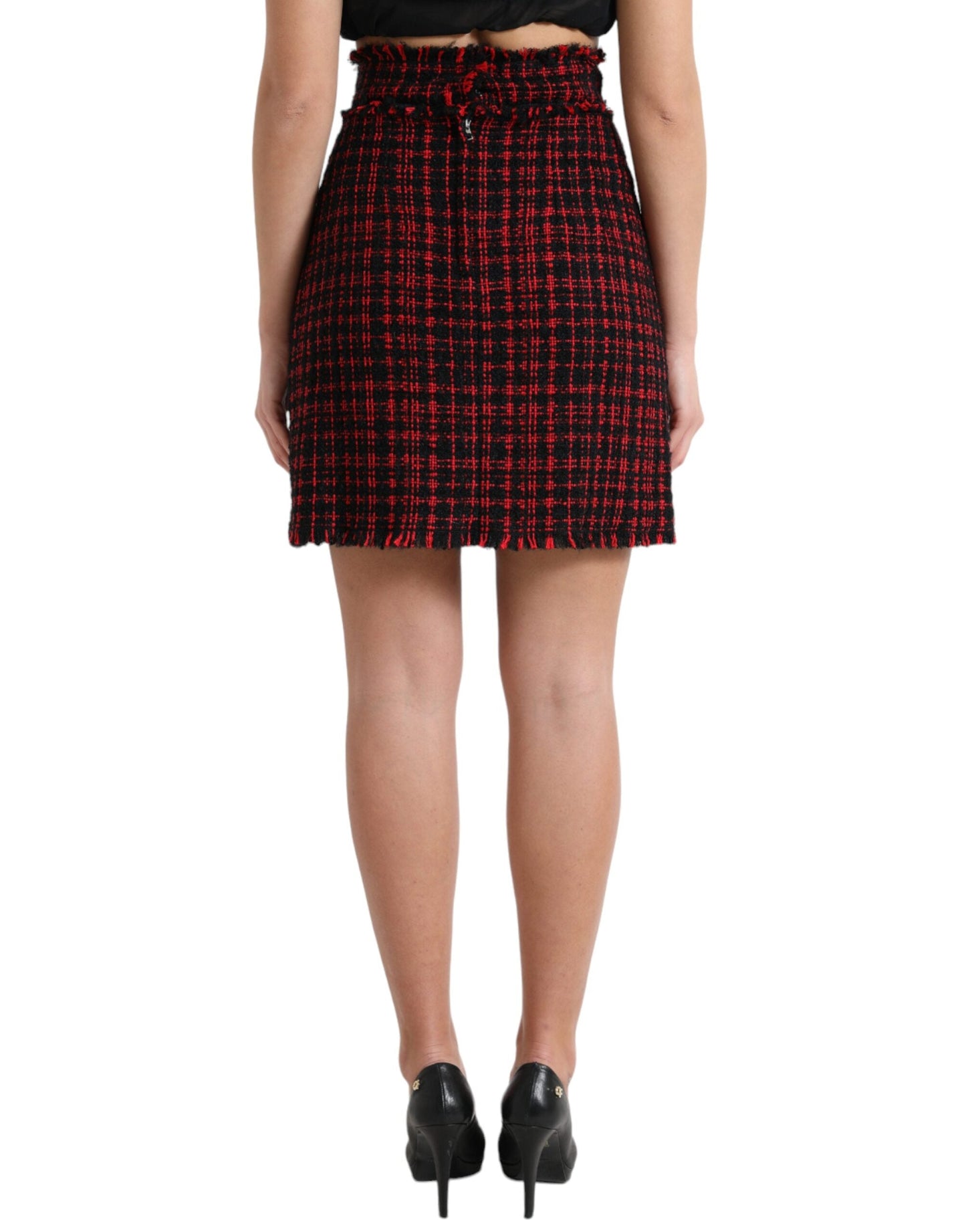 Dolce & Gabbana Black Red Cotton High Waist Tartan Tweed Mini Women's Skirt