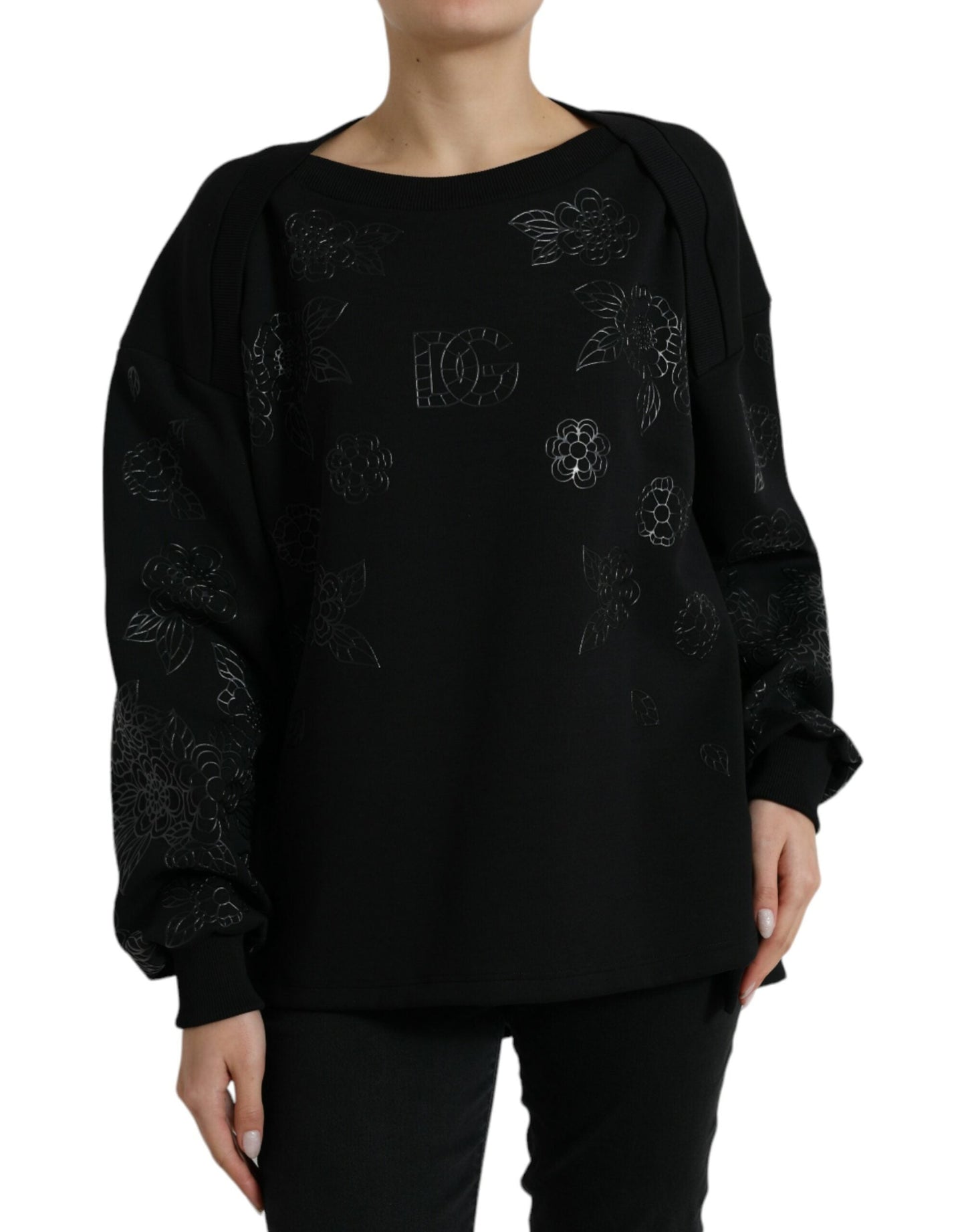 Dolce & Gabbana Black Pullover Floral Logo Applique Women's Sweater