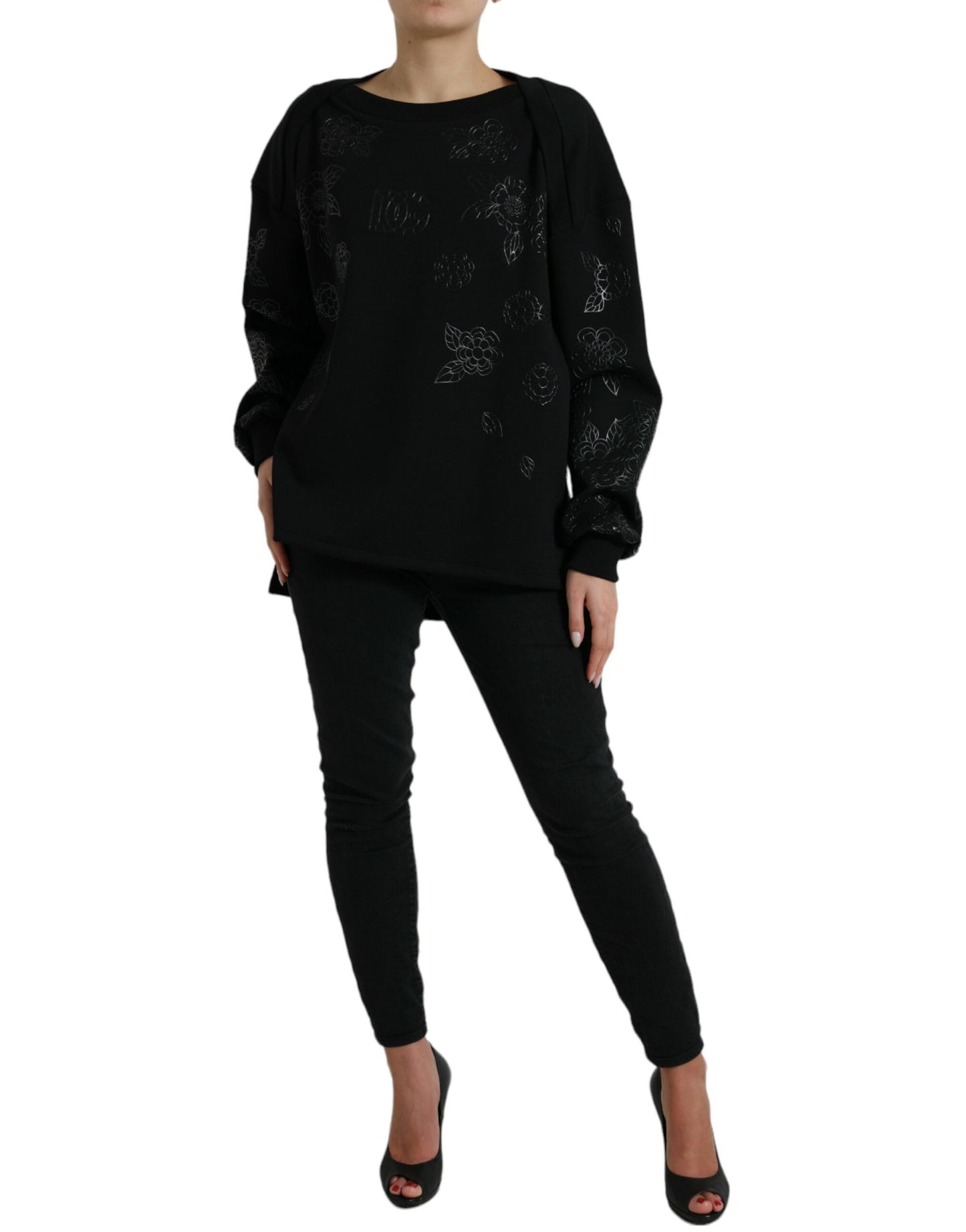 Dolce & Gabbana Black Pullover Floral Logo Applique Women's Sweater