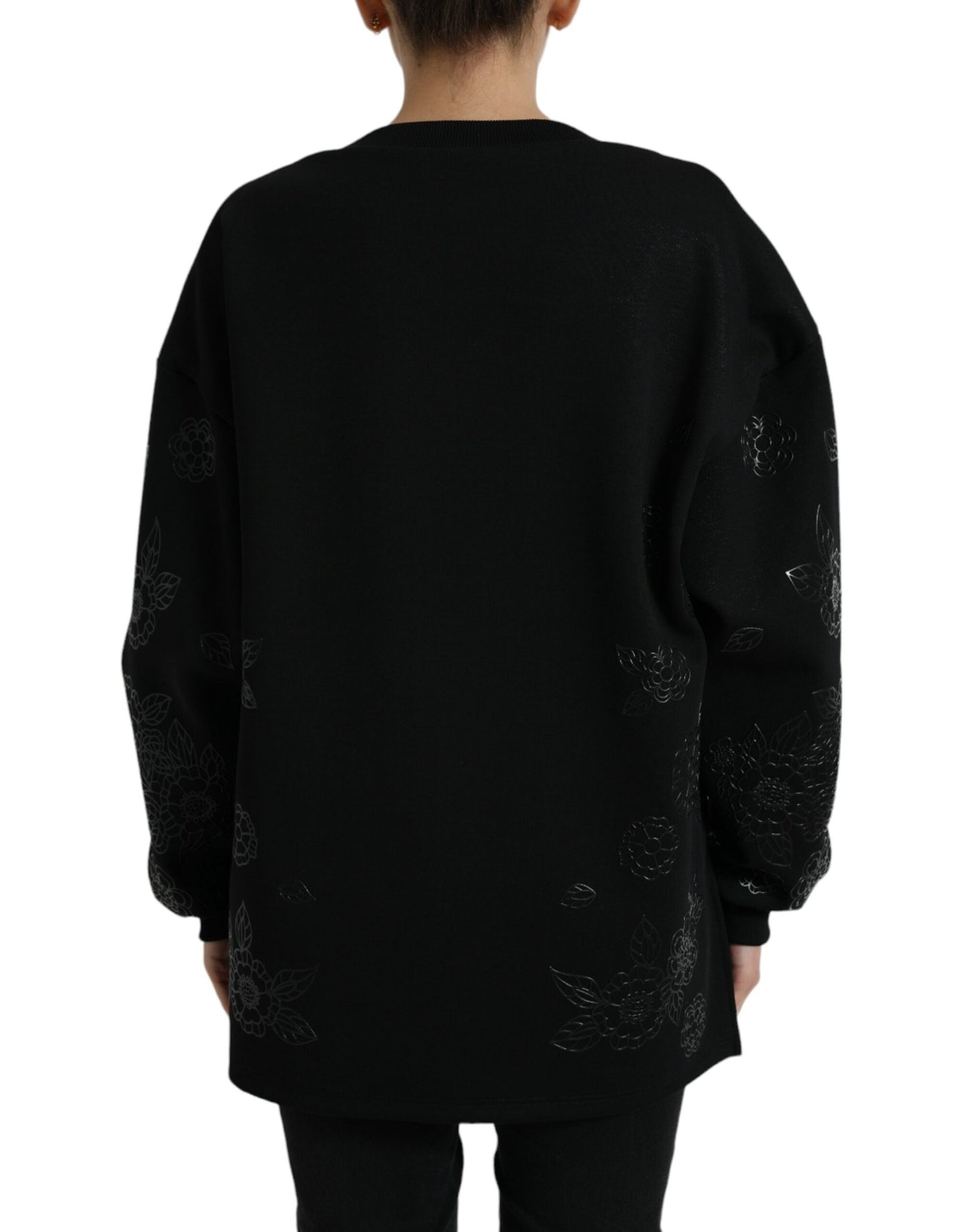 Dolce & Gabbana Black Pullover Floral Logo Applique Women's Sweater