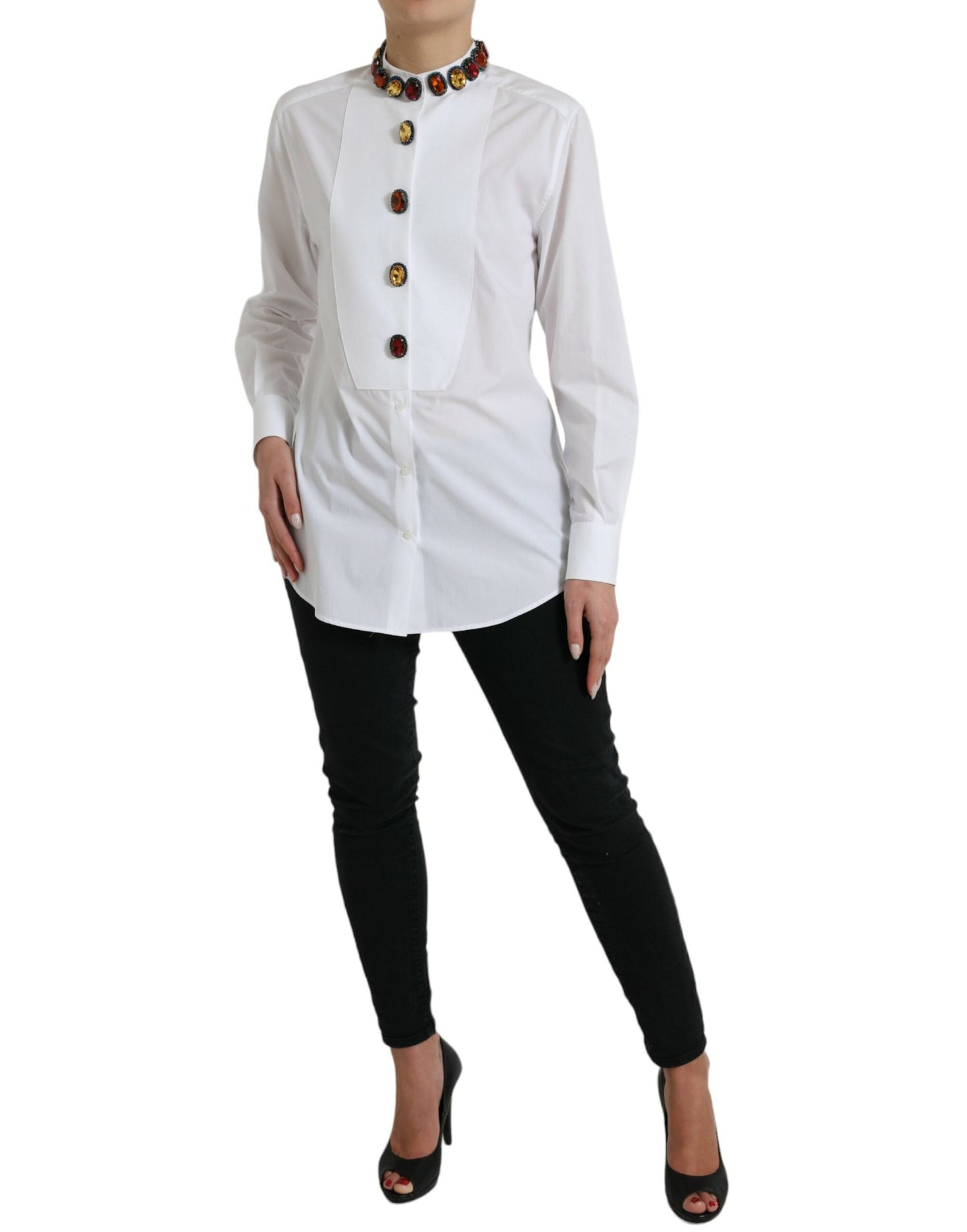 Dolce & Gabbana White Cotton Crystals Embellished Shirt Women's Top
